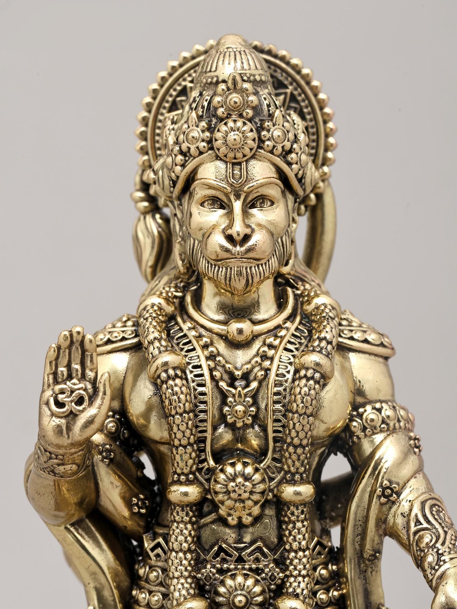 9" Superfine Idol of Lord Hanuman Standing on Wood Base with Mace | Brass Statue - 2