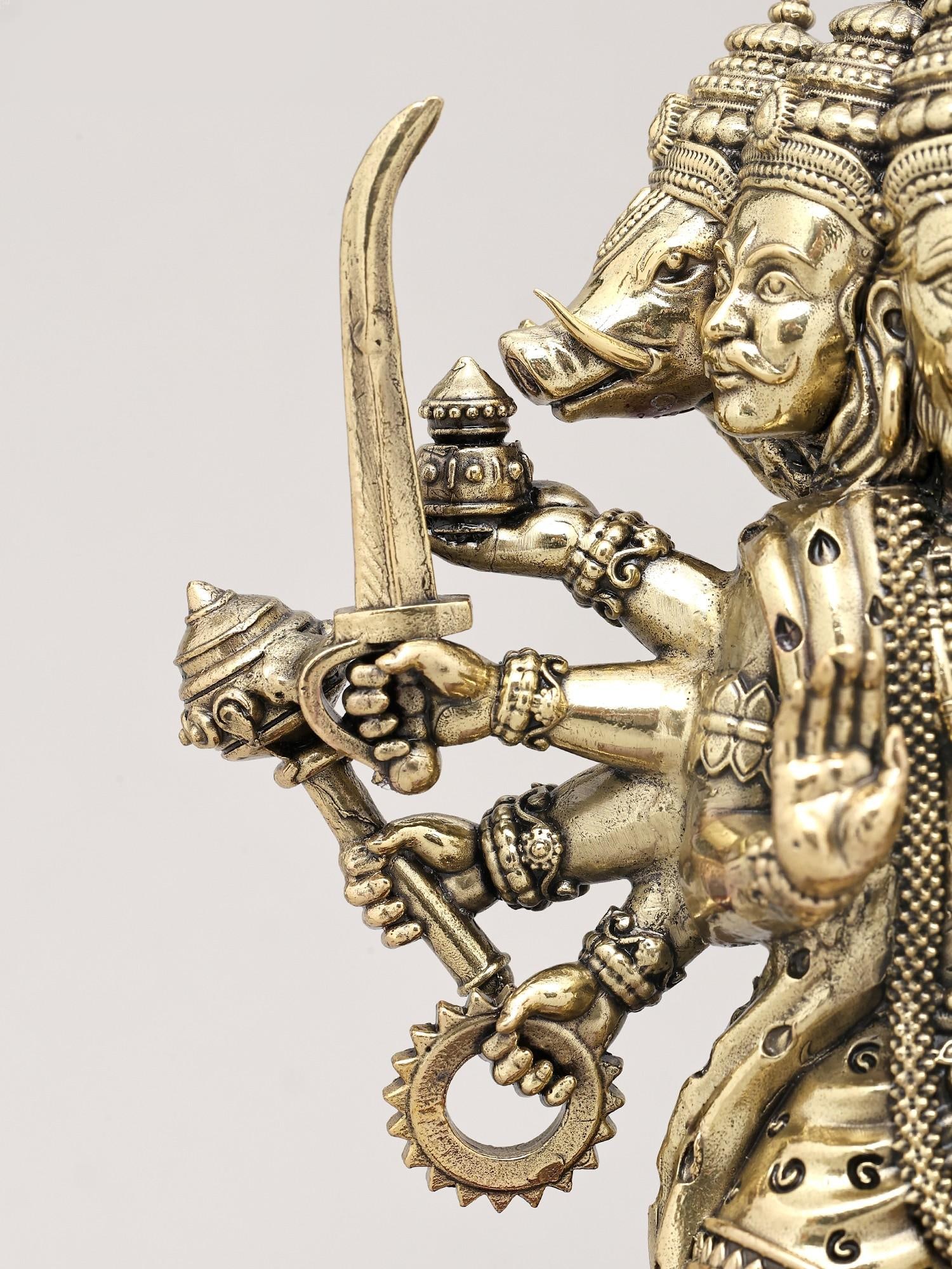 7" Superfine Ten Armed Panchamukhi Hanuman Seated on Wood Base | Brass Sculpture - 2