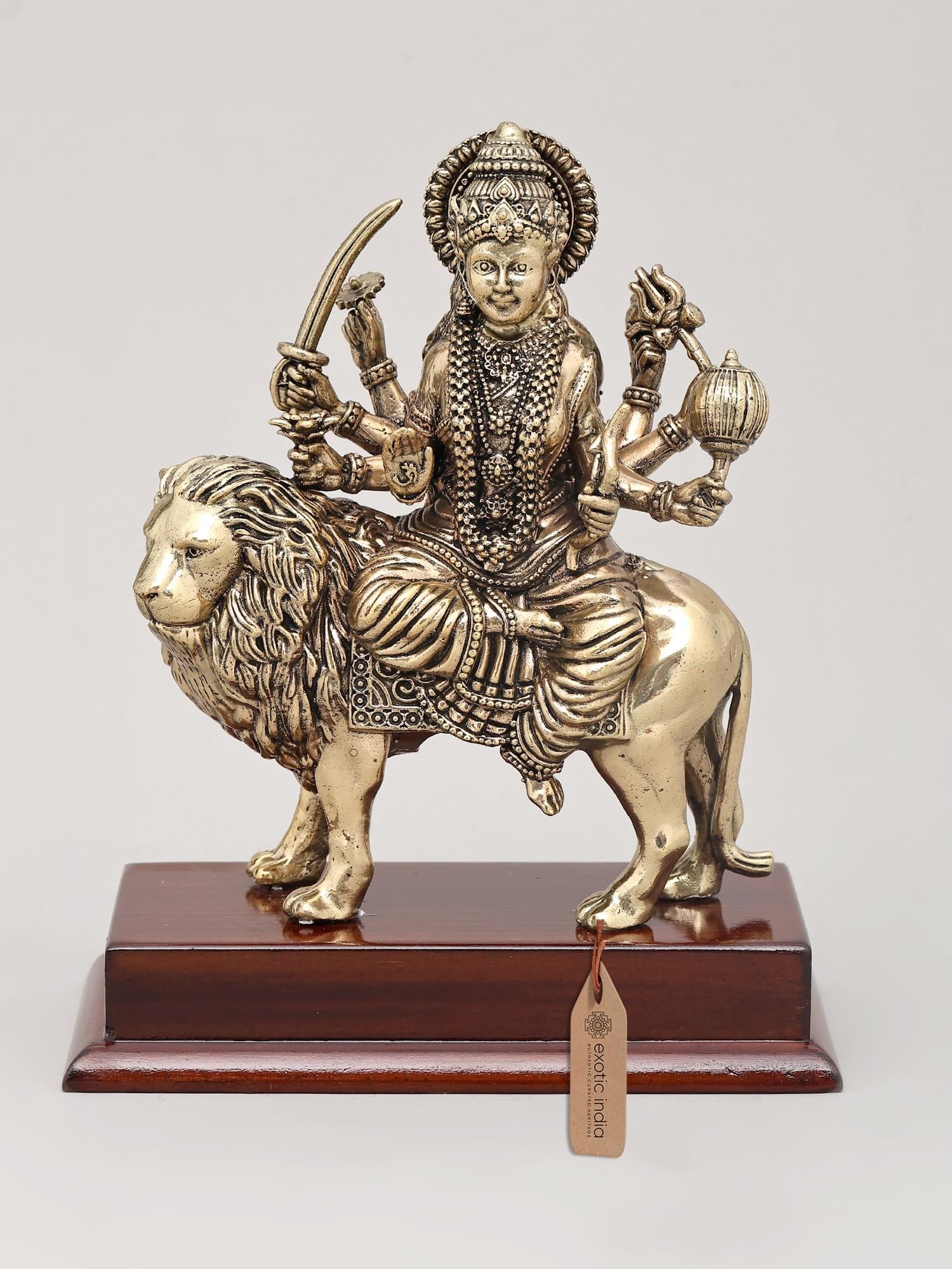 7" Superfine Ashtabhuja Goddess Durga Seated on Lion with Wood Base | Brass Idol (1 of 2)