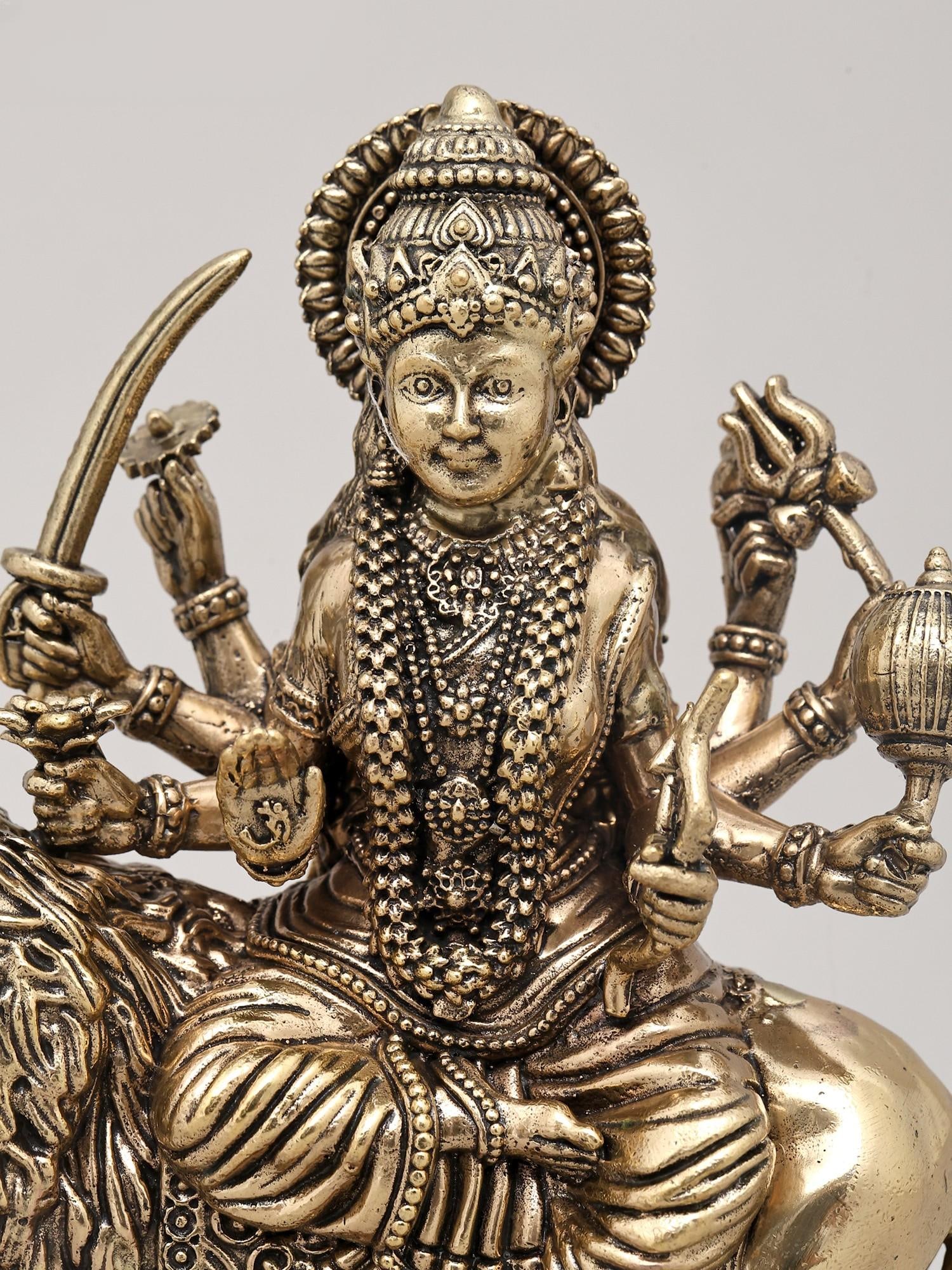 7" Superfine Ashtabhuja Goddess Durga Seated on Lion with Wood Base | Brass Idol - 2