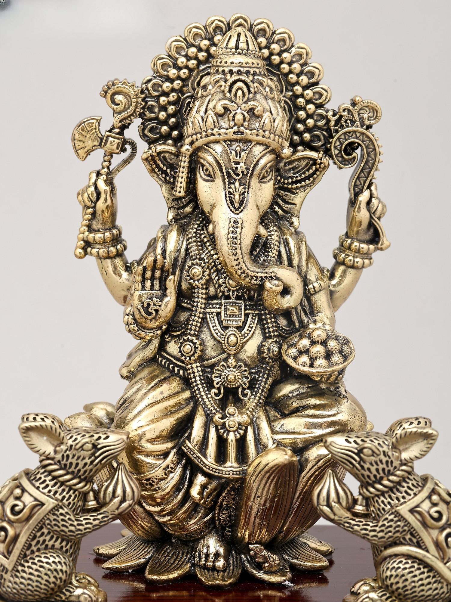 7" Superfine Four Armed Majestic Lord Ganesha with Dual Mushak on Wood Base | Brass Idol - 2