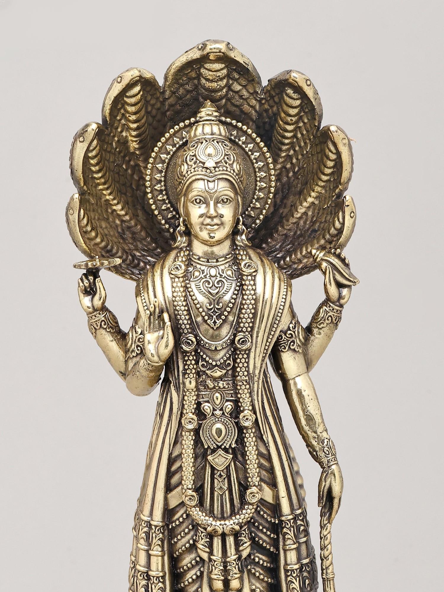12" Superfine Lord Vishnu Standing on Lotus with Sheshnag Canopy with Wood Base | Brass Sculpture - 2