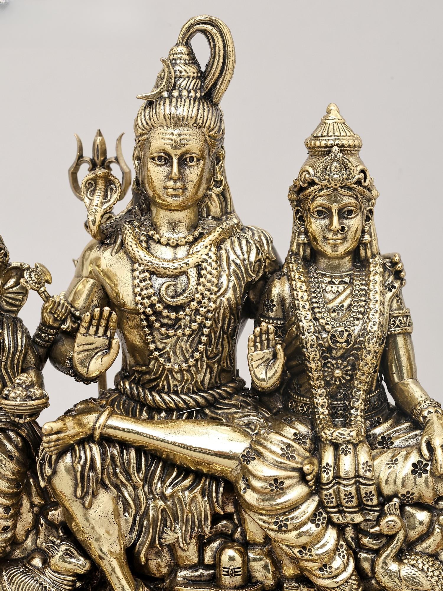 9" Superfine Shiva Family in Blessing Gesture on Wood Base | Brass Statue - 2