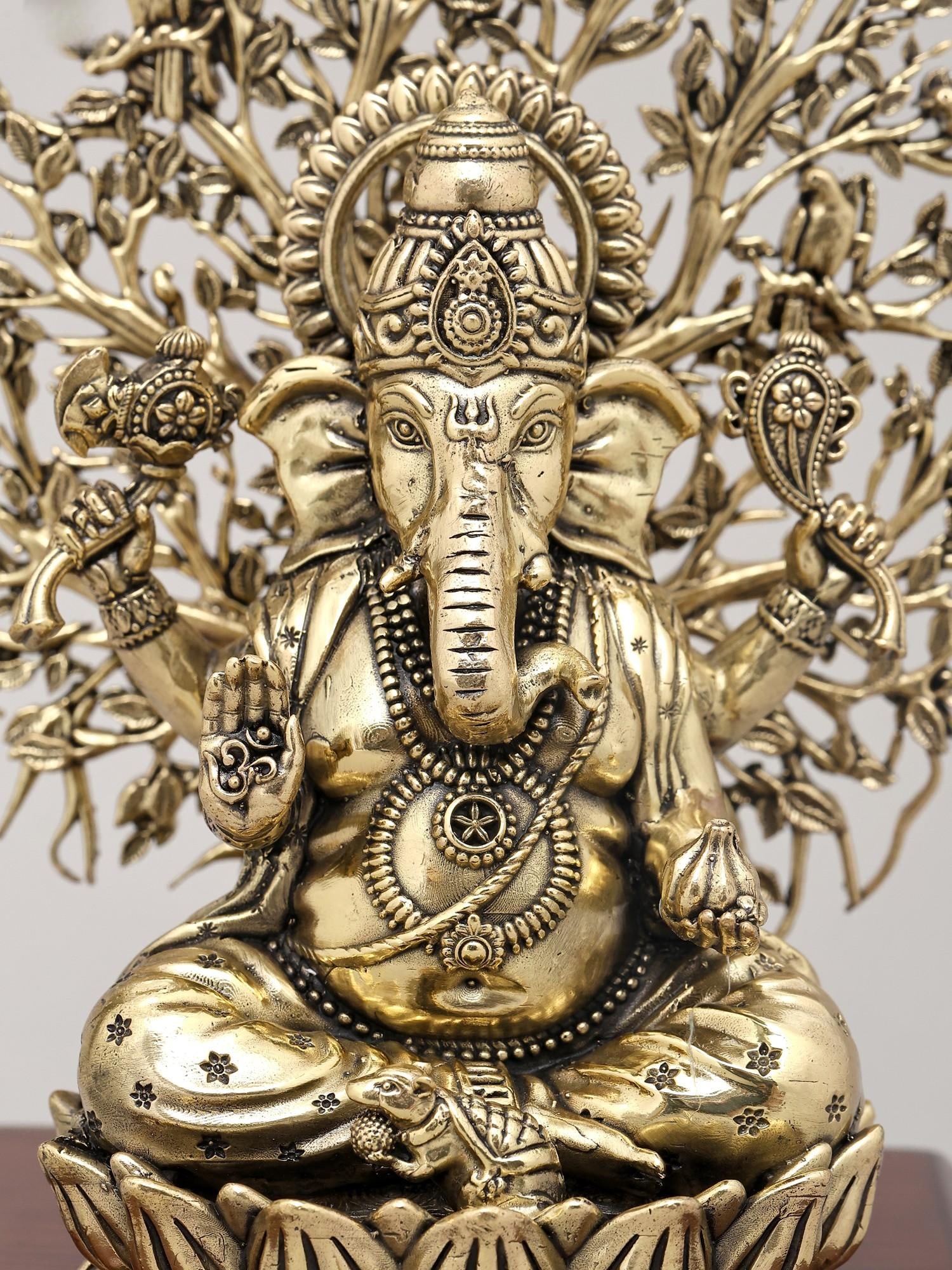 8" Superfine Lord Ganesha Seated Beneath The Sacred Tree with Wood Base | Brass Statue - 2
