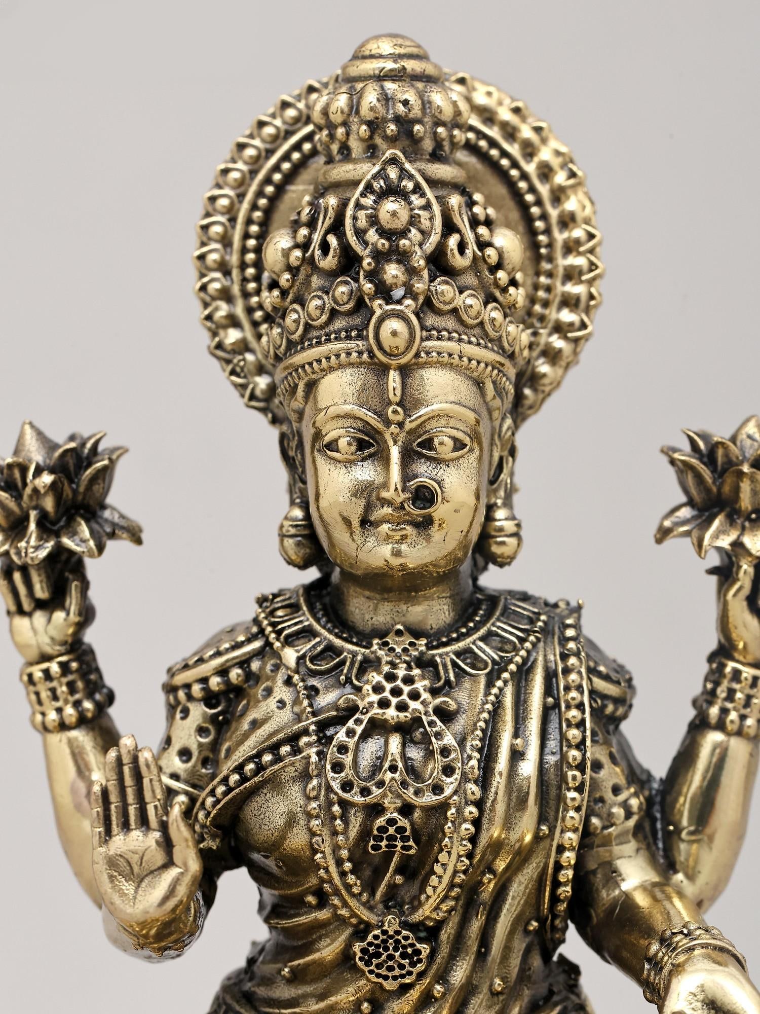 7" Superfine Goddess Lakshmi - Deity of Wealth Seated on Lotus with Wood Base | Brass Idol - 2