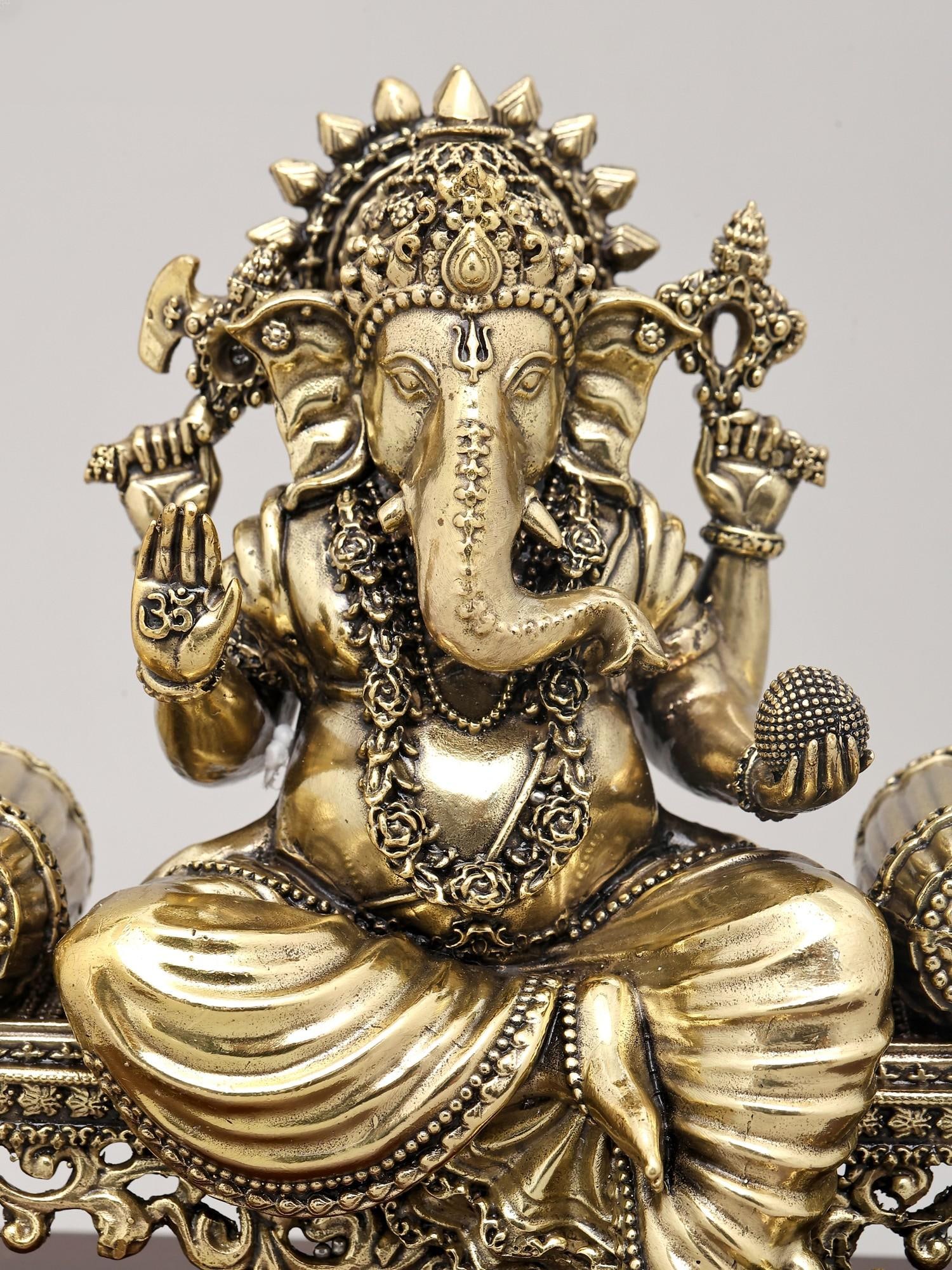 9" Superfine Lord Ganapati Seated on Asana with Wood Base | Brass Statue - 2