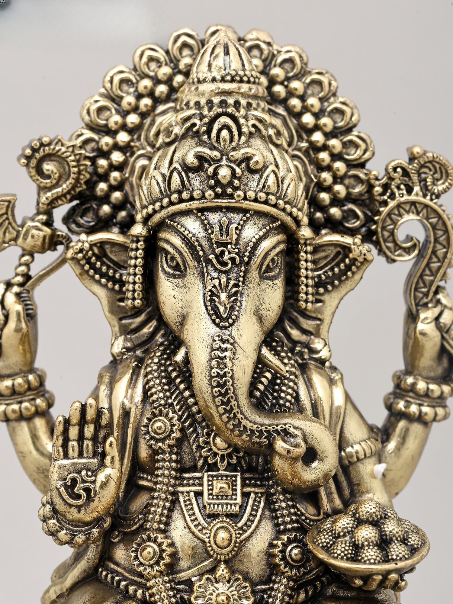 9" Superfine Lord Ganesha in Blessing Posture Seated on Wood Base | Brass Idol - 2
