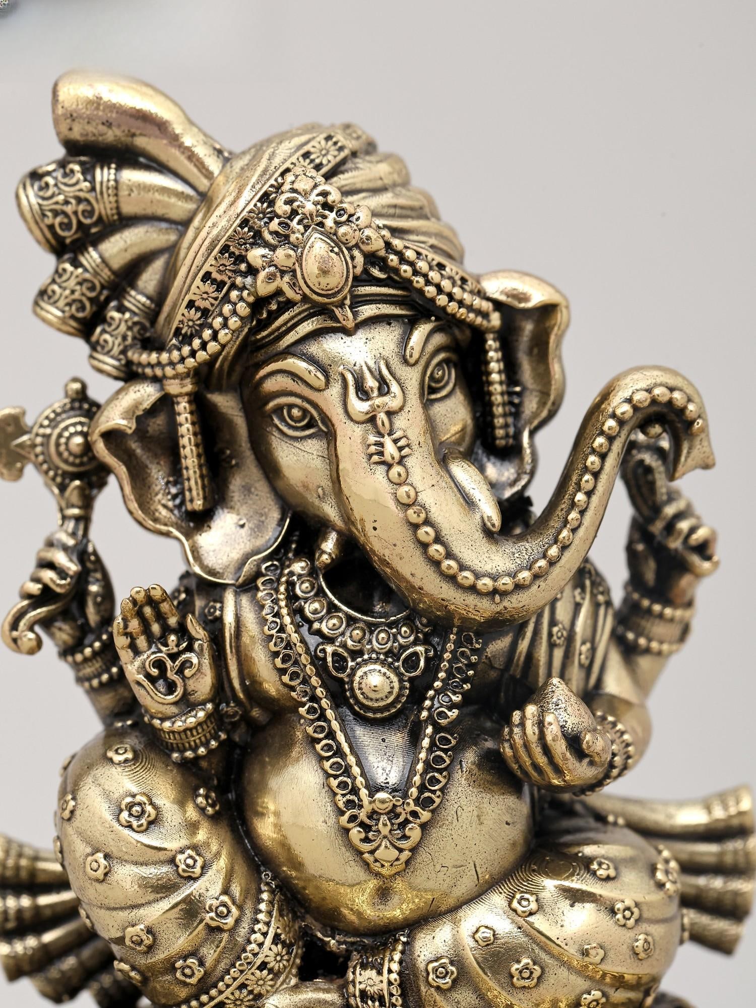 4" Small Superfine Lord Ganesha in Regal Attire and Turban Seated on Wood Base | Brass Statue - 2