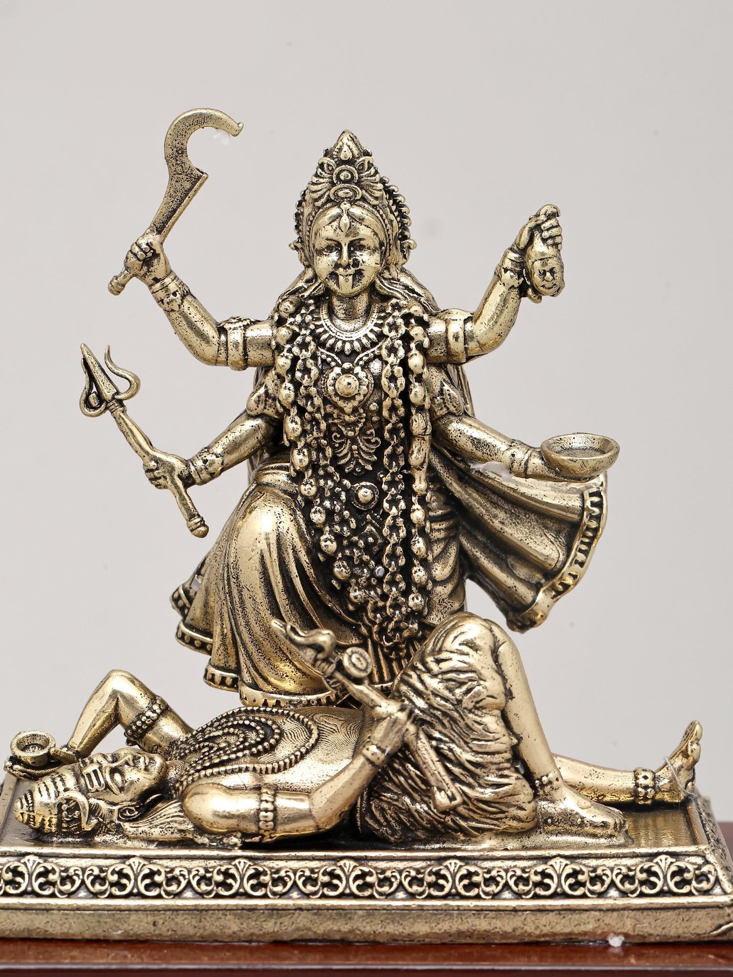 4" Small Superfine Idol of The Majestic Form of Goddess Kali with Wood Base | Brass Sculpture - 2