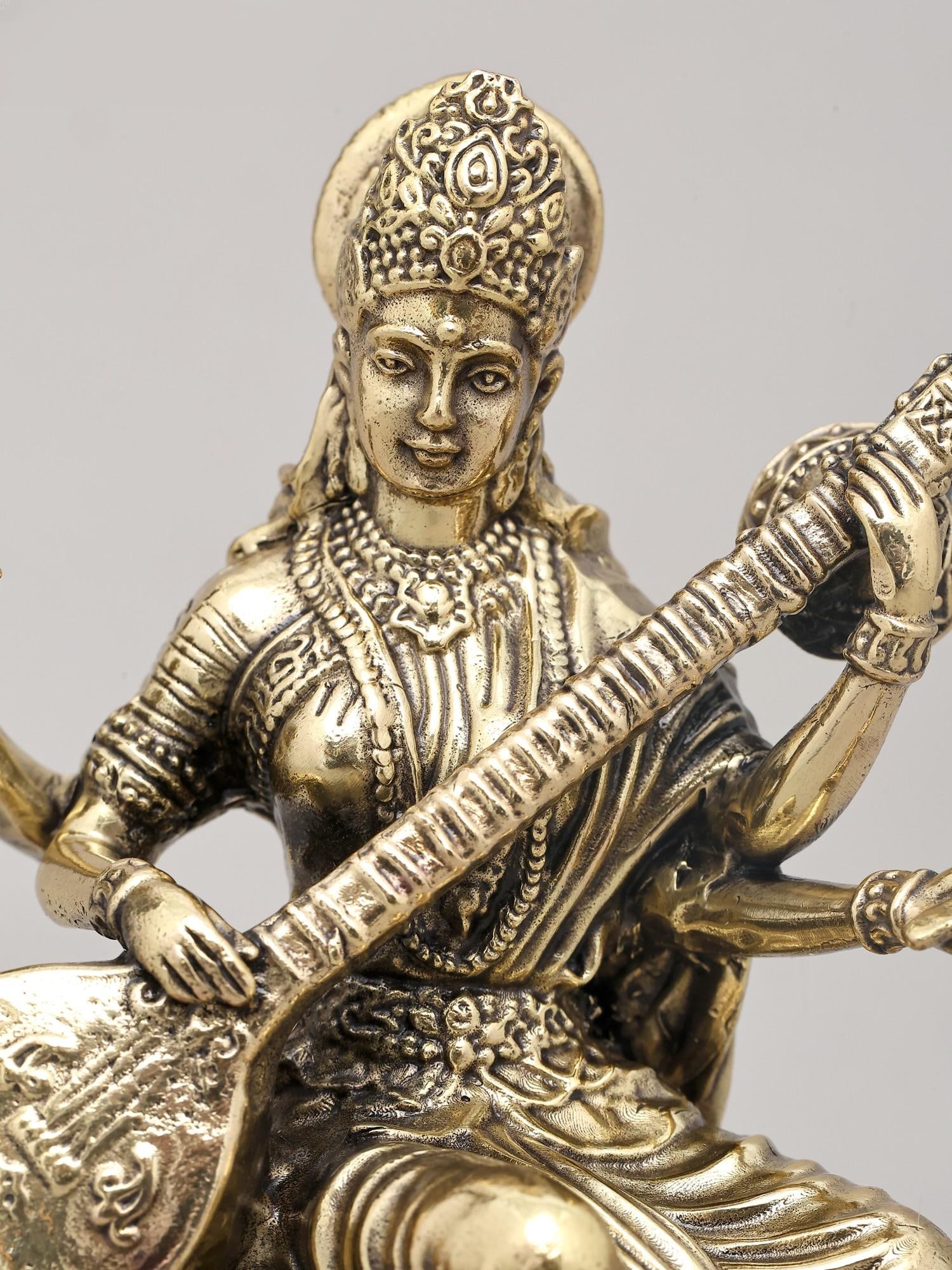5" Small Superfine Four Armed Goddess Saraswati Playing Veena with Wood Base | Brass Statue - 2
