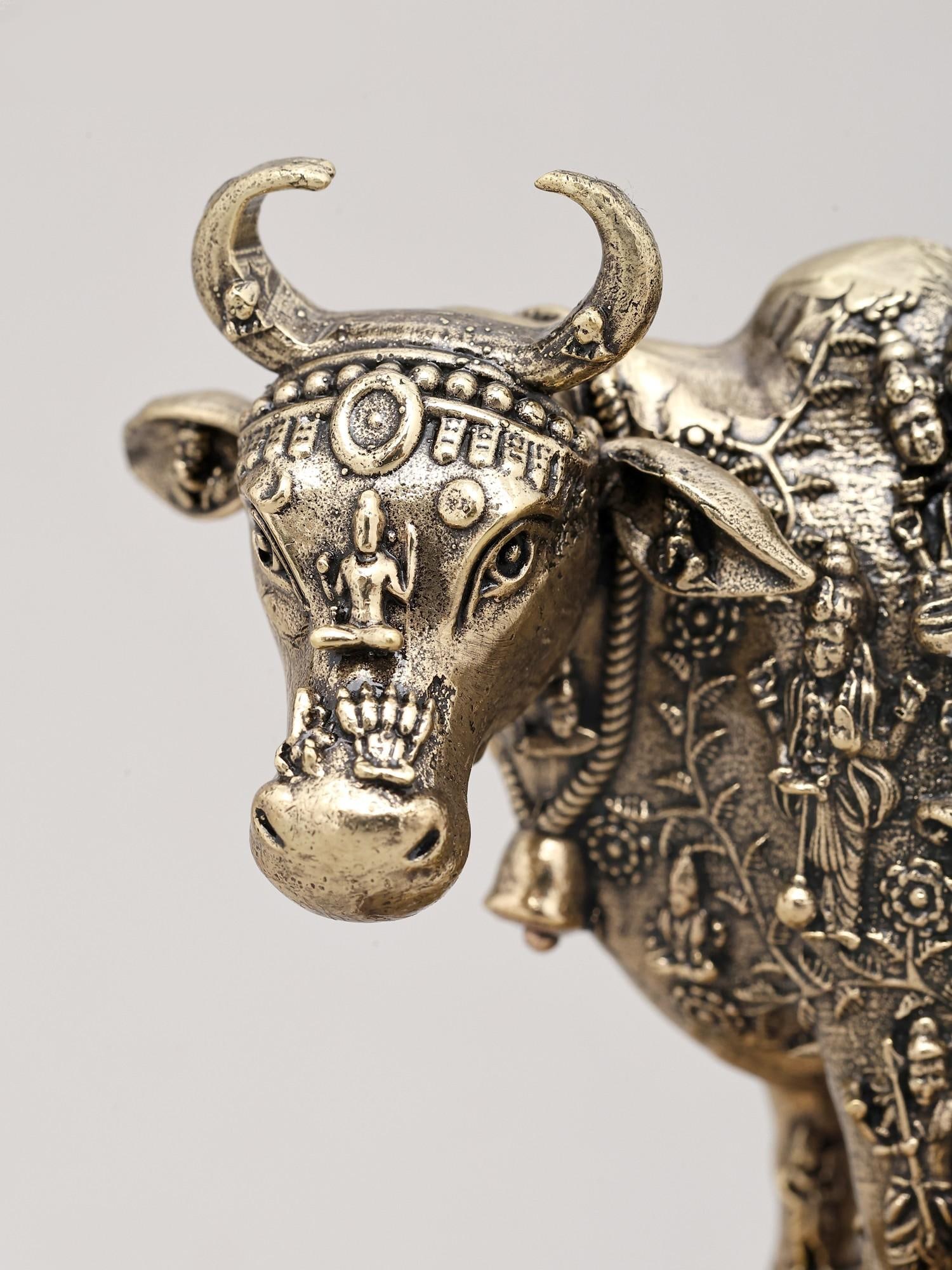 Small Superfine Kamdhenu Cow and Calf with Engraved Many God and Goddess on Wood Base | Brass - 2