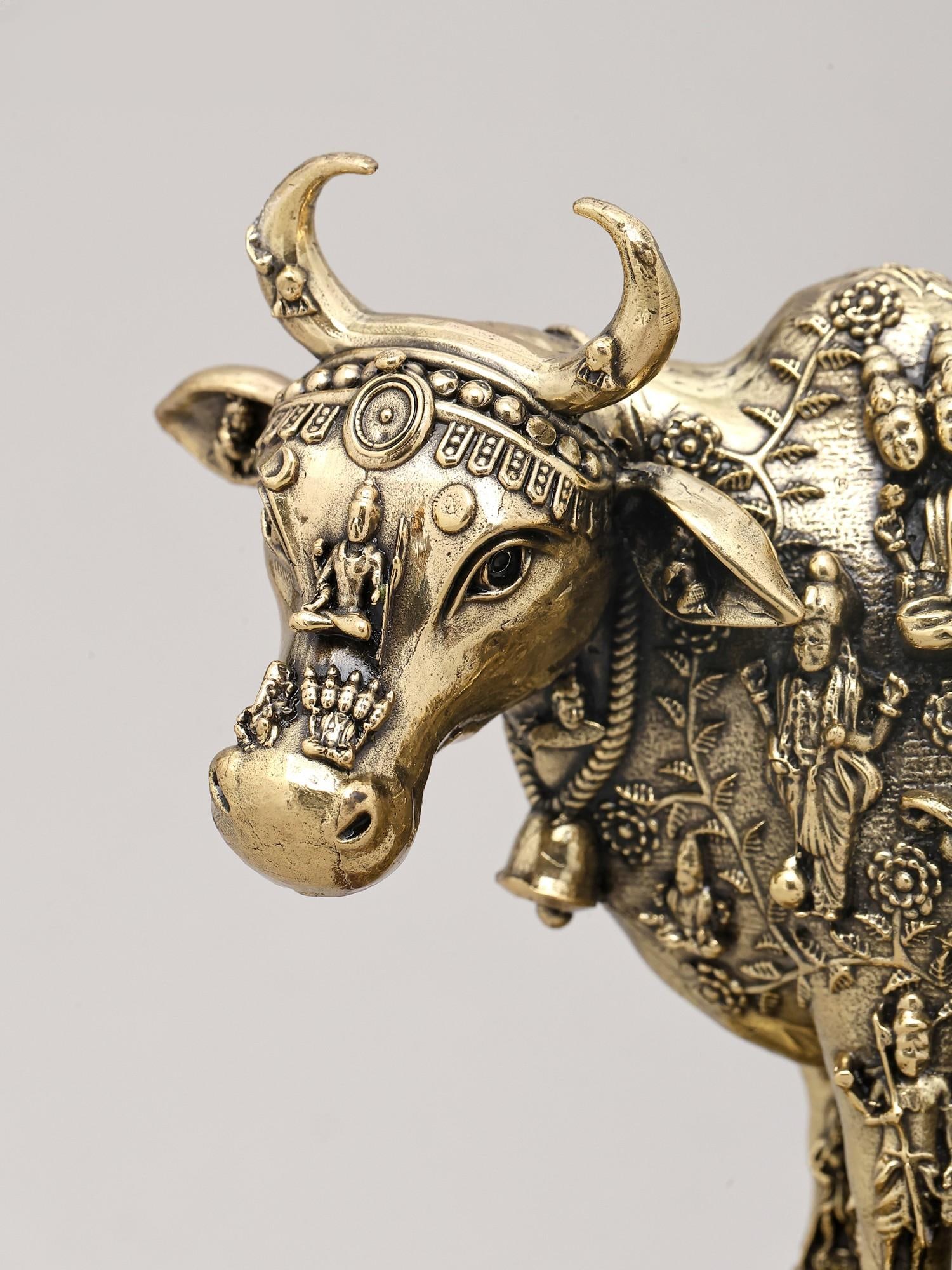 Small Superfine Kamdhenu Cow and Calf with Engraved Many God and Goddess on Wood Base | Brass - 2