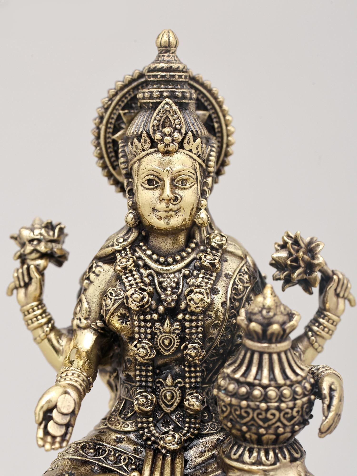 5" Small Superfine Goddess Dhanalakshmi Seated with Wealth Pot on Wood Base | Brass Sculpture - 2