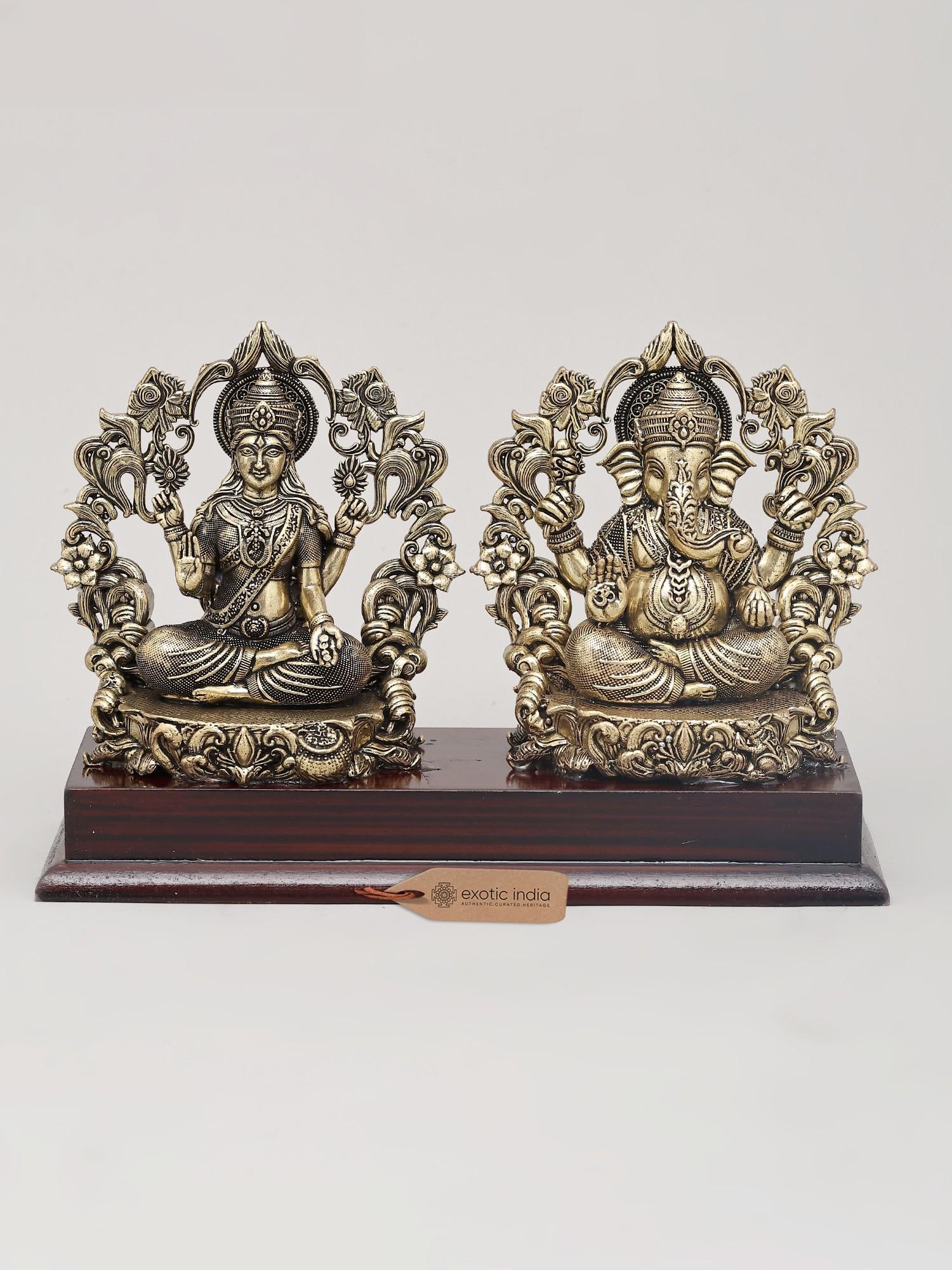 7" Superfine Goddess Lakshmi and Lord Ganesha Seated on Wood Base with Flower Arch | Brass Statue (1 of 2)