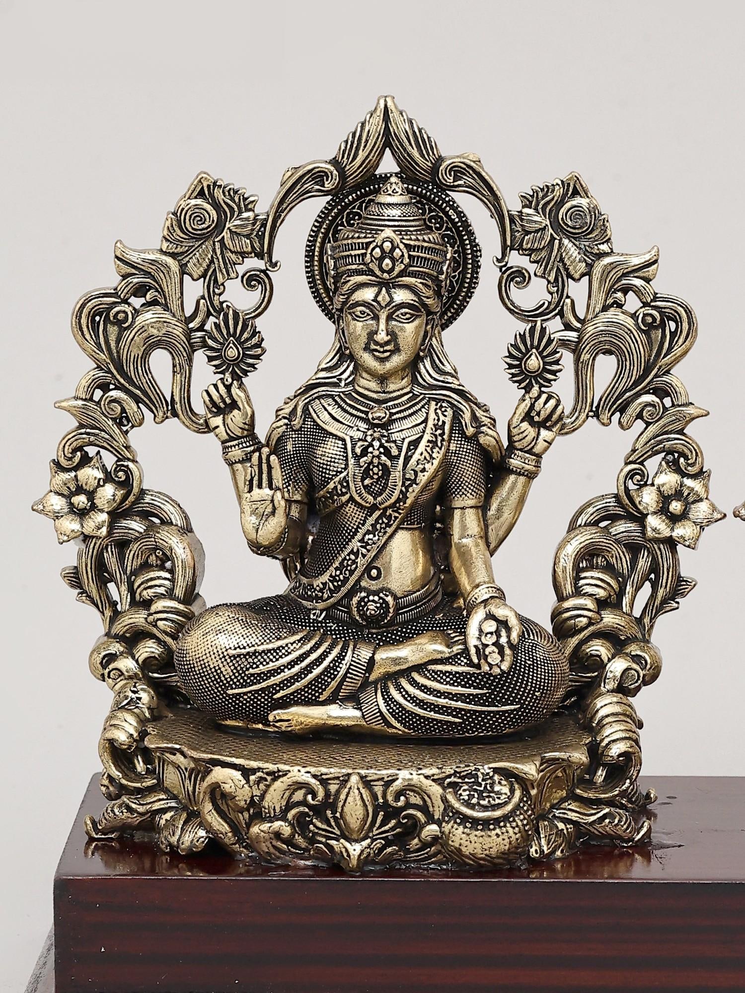 7" Superfine Goddess Lakshmi and Lord Ganesha Seated on Wood Base with Flower Arch | Brass Statue - 2