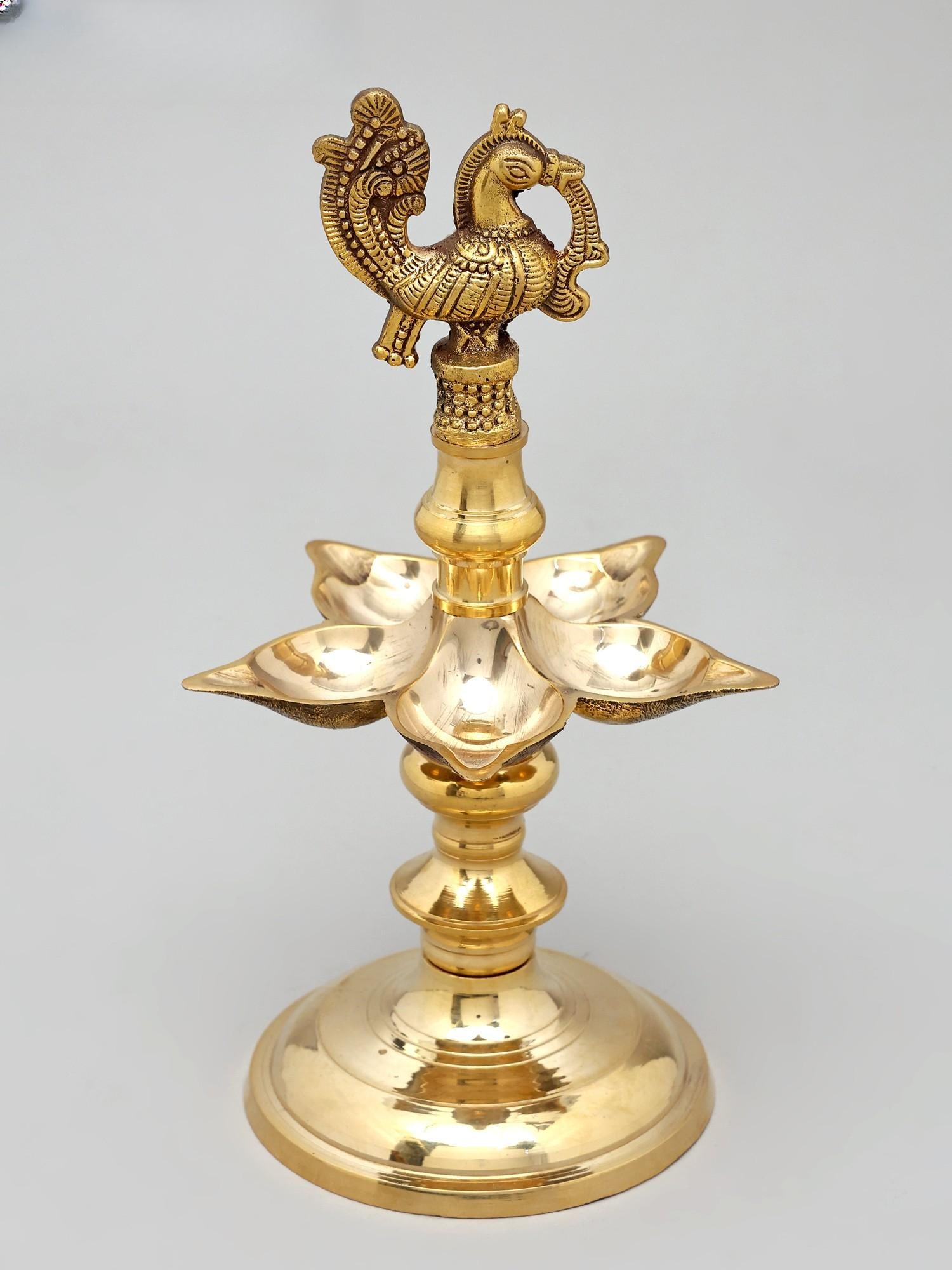 11" Five Wicks Peacock Lamp in Brass | Handmade | Made In India - 2