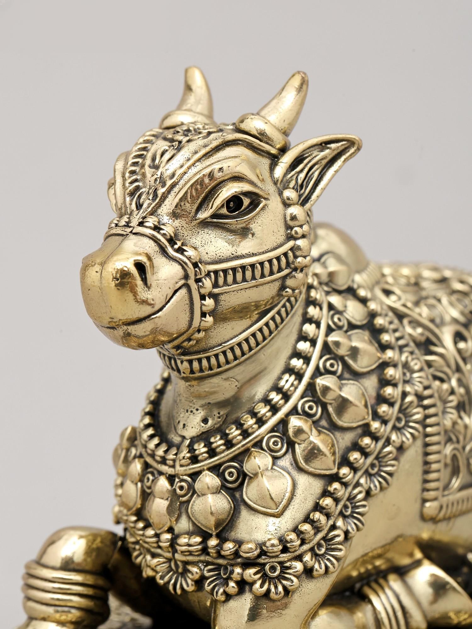 6" Superfine Seated Nandi Idol - The Vahana of Shiva with Intricate Carving and Wood Base | Brass - 2