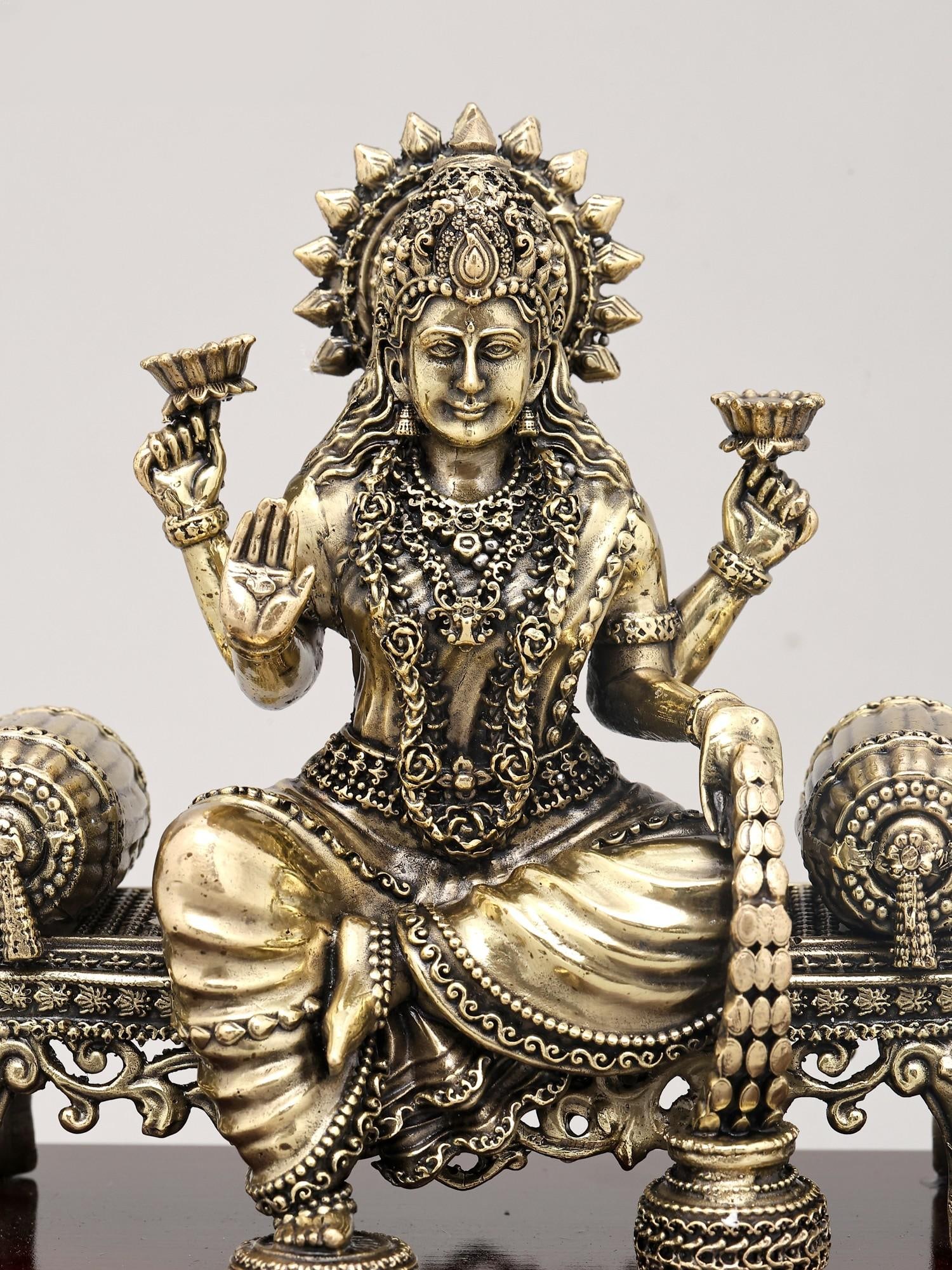 9" Superfine Four Armed Goddess Dhanalakshmi Seated on Asana with Wood Base | Brass Idol - 2