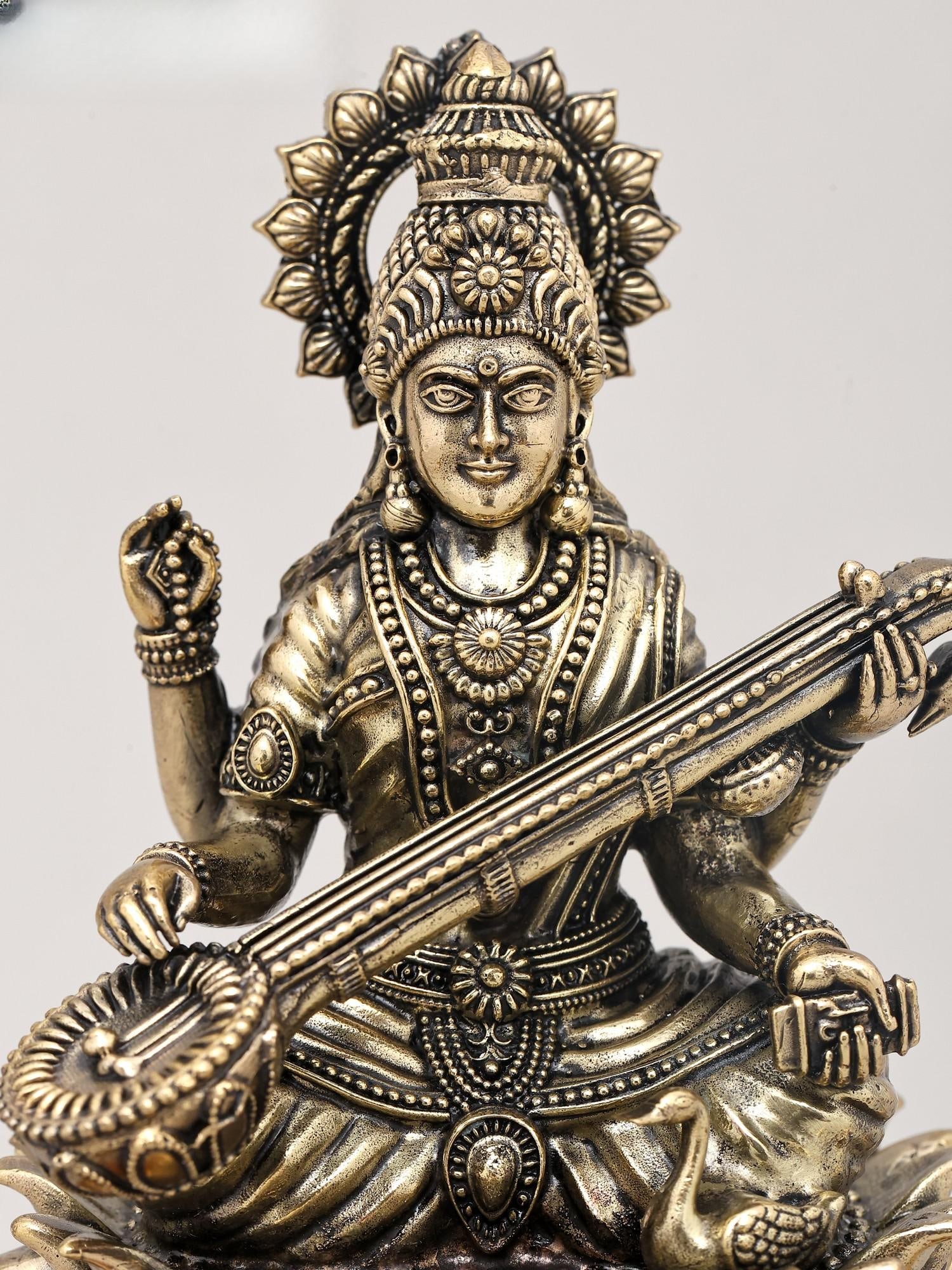 7" Superfine Chaturbhuja Goddess Saraswati Seated on Lotus with Wood Base | Brass Sculpture - 2