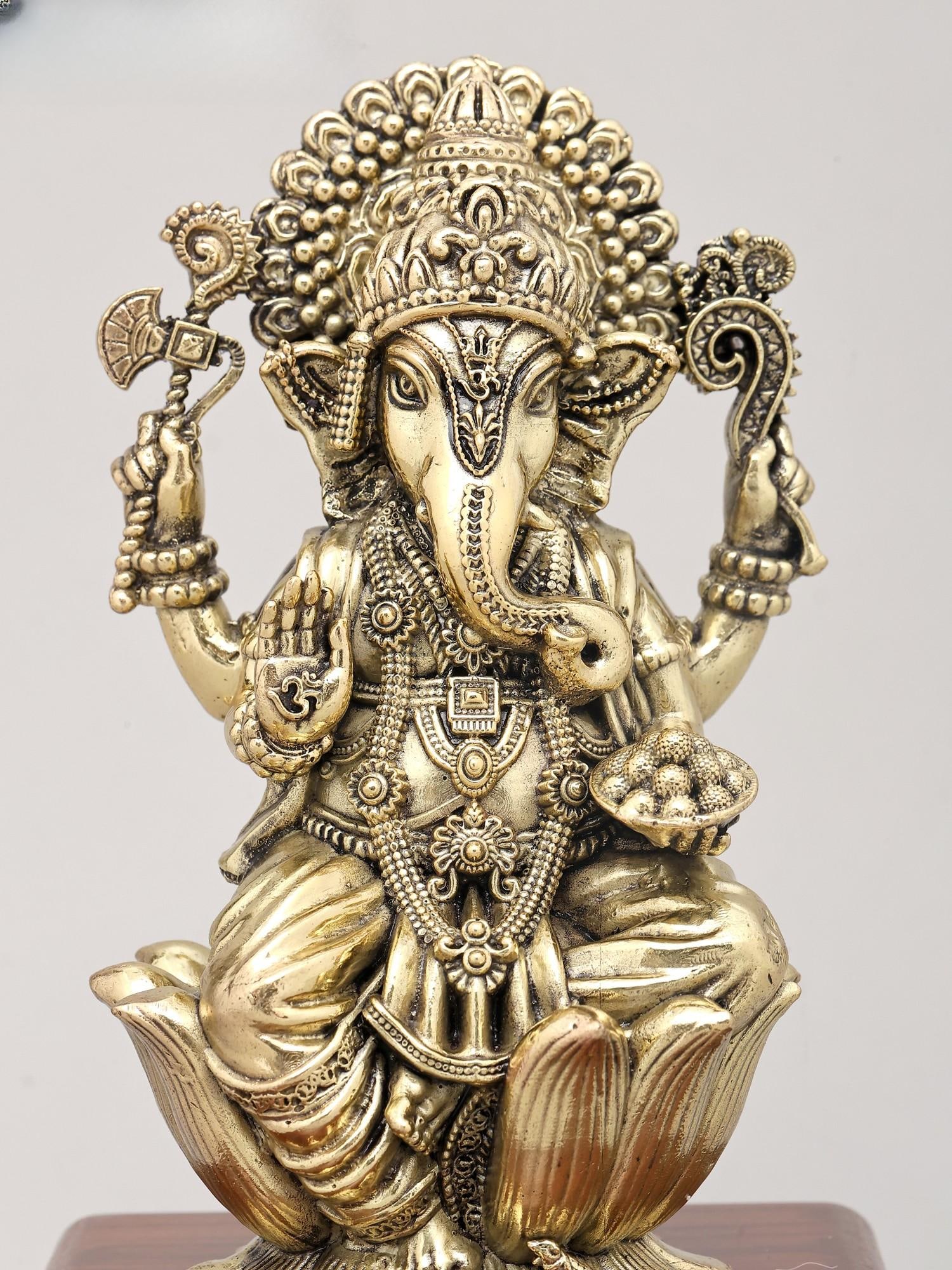 7" Superfine Lord Ganesha Seated on Lotus with Wood Base - The Remover of Obstacles | Brass Idol - 2