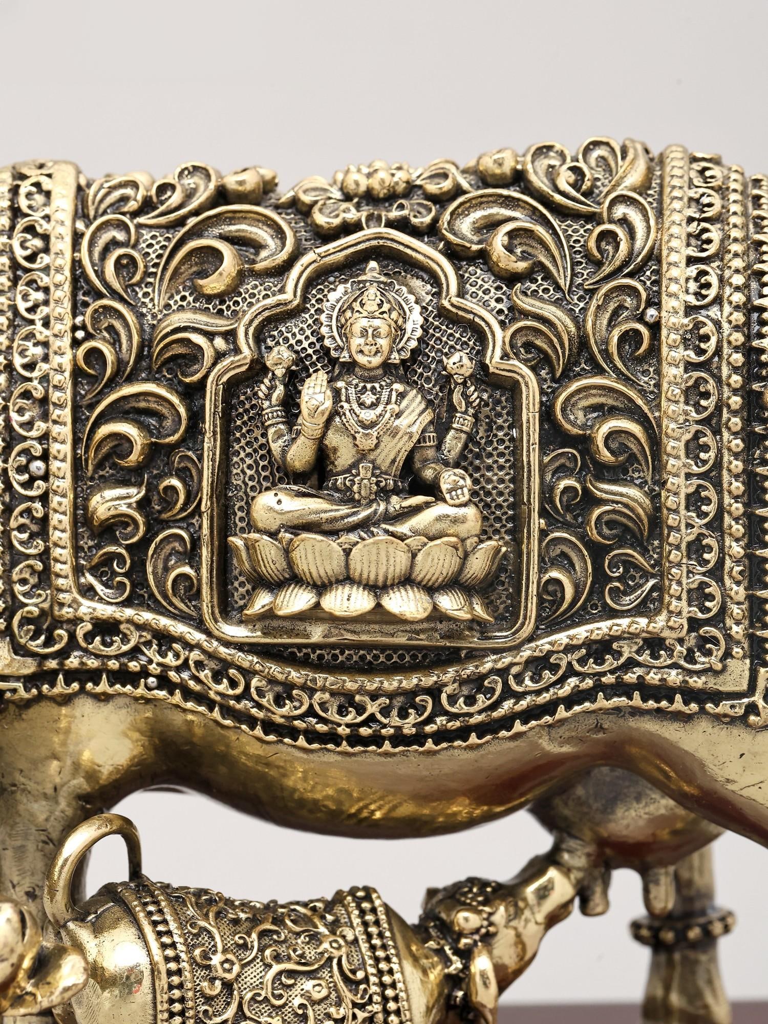 6" Superfine Goddess Kamdhenu Cow and Calf with Goddess Lakshmi Carving on Wood Base | Brass Statue - 2