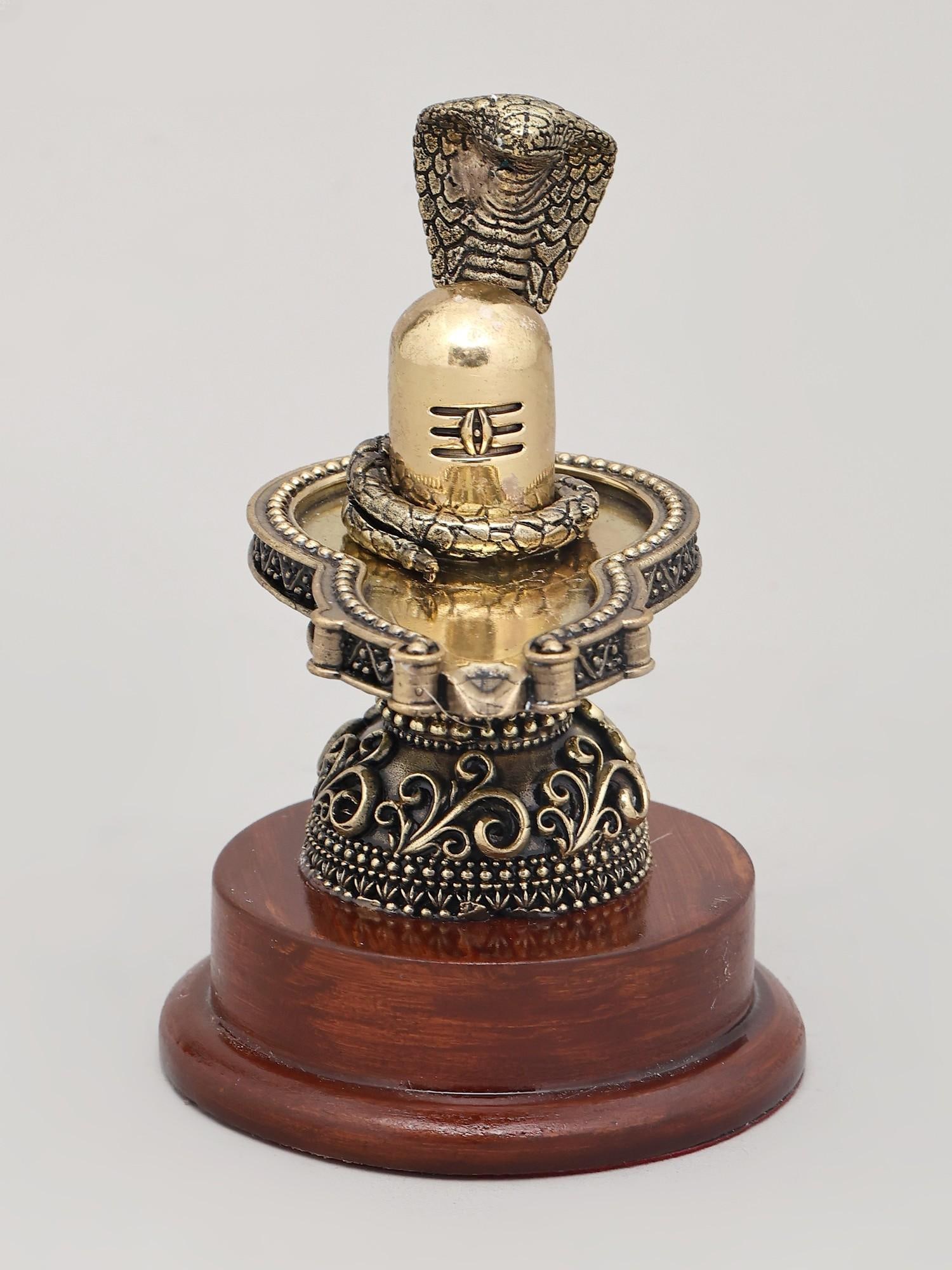5" Small Superfine Idol of Shiva Lingam with Wood Base and Vasuki Serpent | Brass Statue - 2