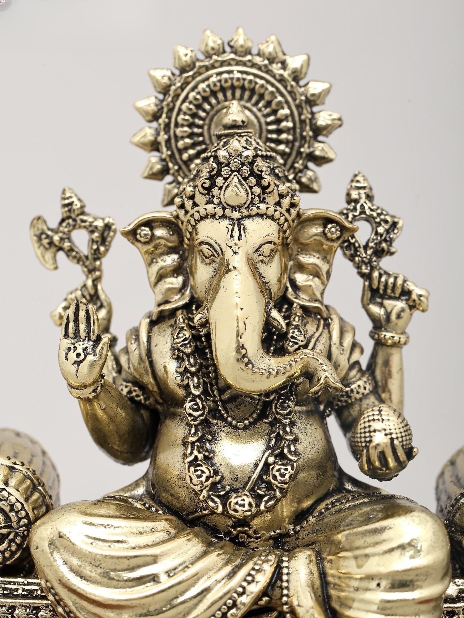 5" Small Superfine Lord Ganesha Seated on Ornate Throne with Wood Base | Brass Idol - 2