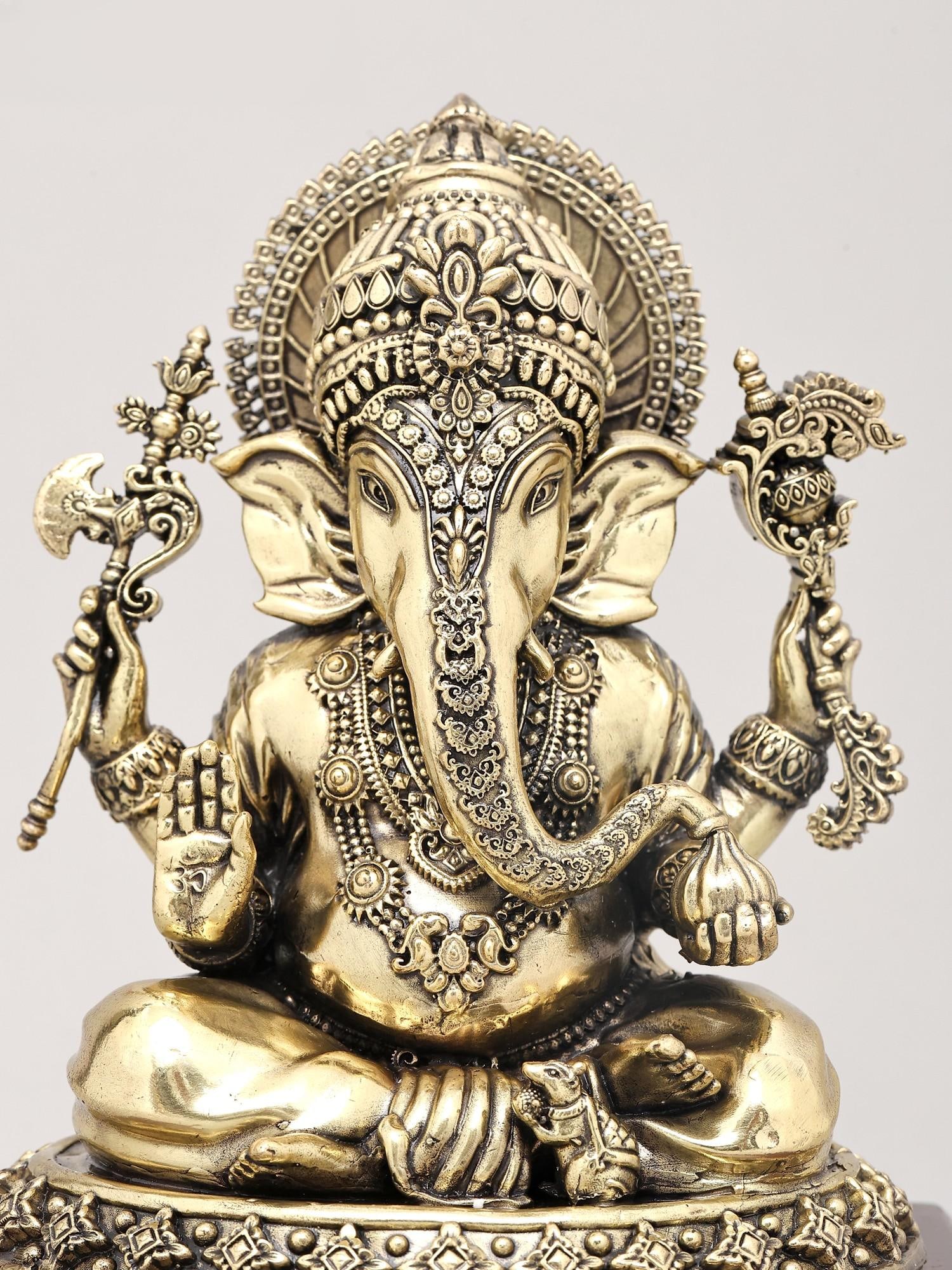 8" Superfine Chaturbhuja Lord Ganapati Holding Modak on Wood Base | Brass Statue - 2
