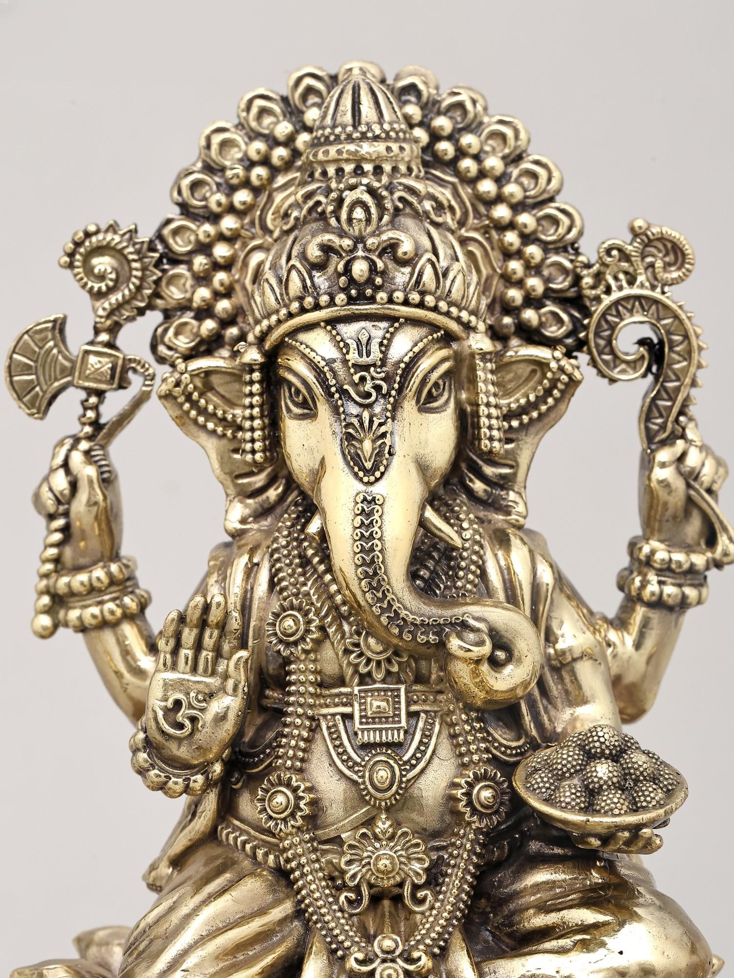 9" Superfine Lord Ganesha Seated on Lotus with Oil Lamps and Wood Base | Brass Sculpture - 2