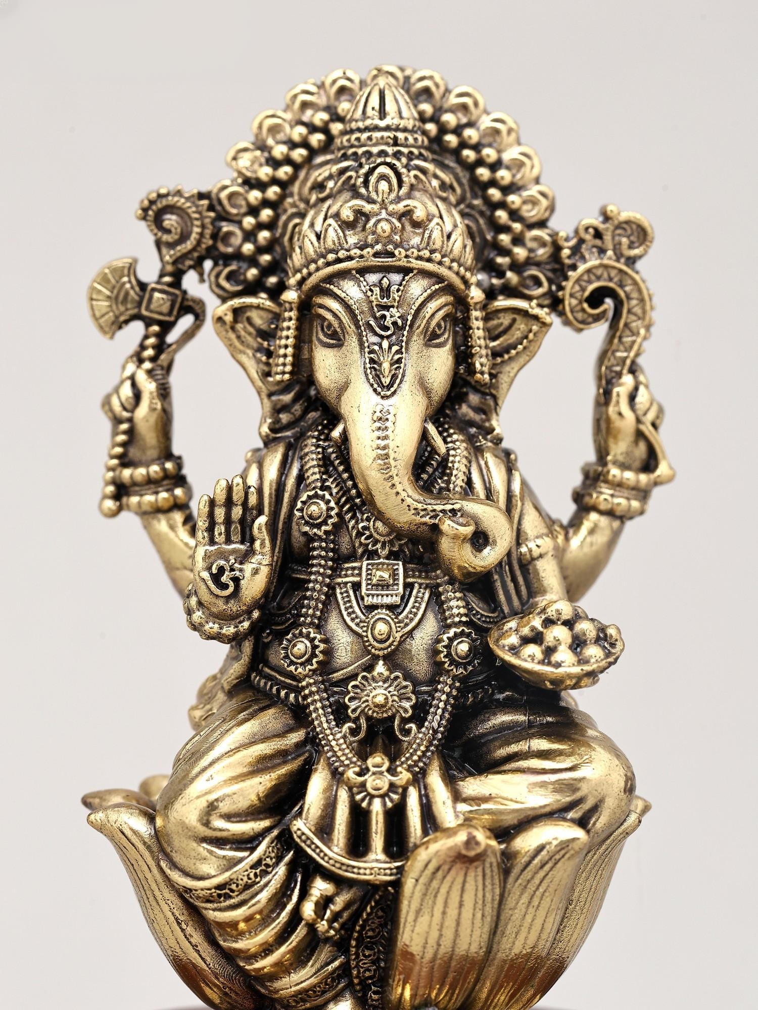 5" Small Superfine Lord Ganesha in Blessing Gesture with Wood Base | Brass Sculpture - 2