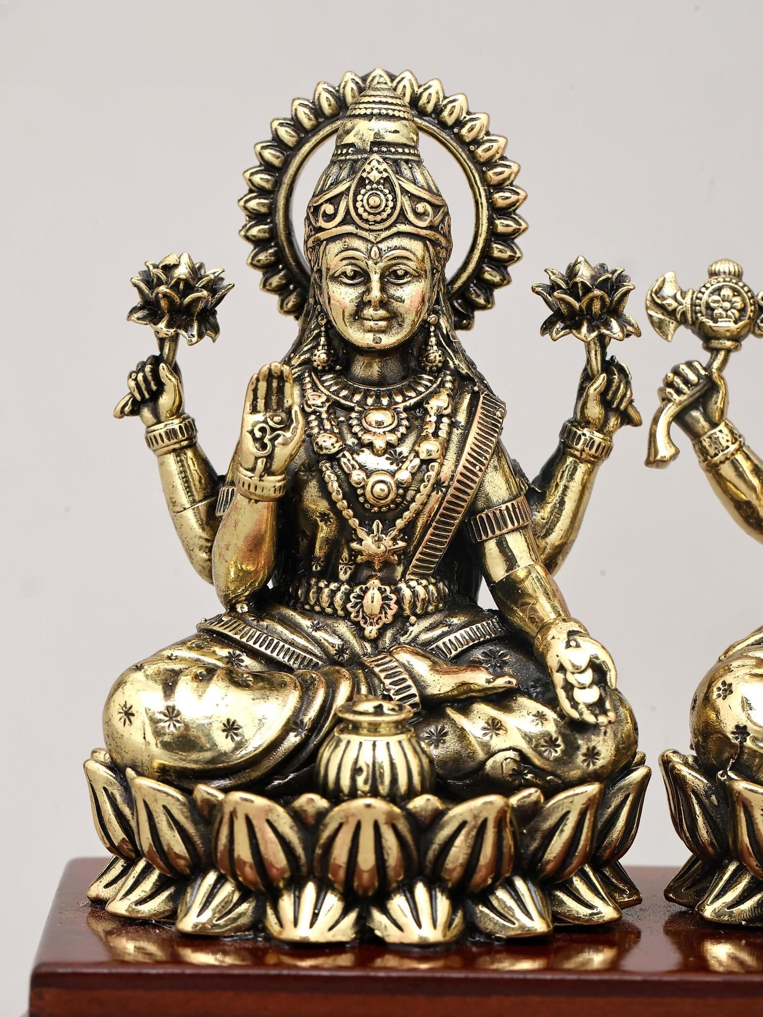 5" Small Superfine Goddess Lakshmi and Lord Ganesha Seated on Lotus with Wood Base | Brass Idol - 2