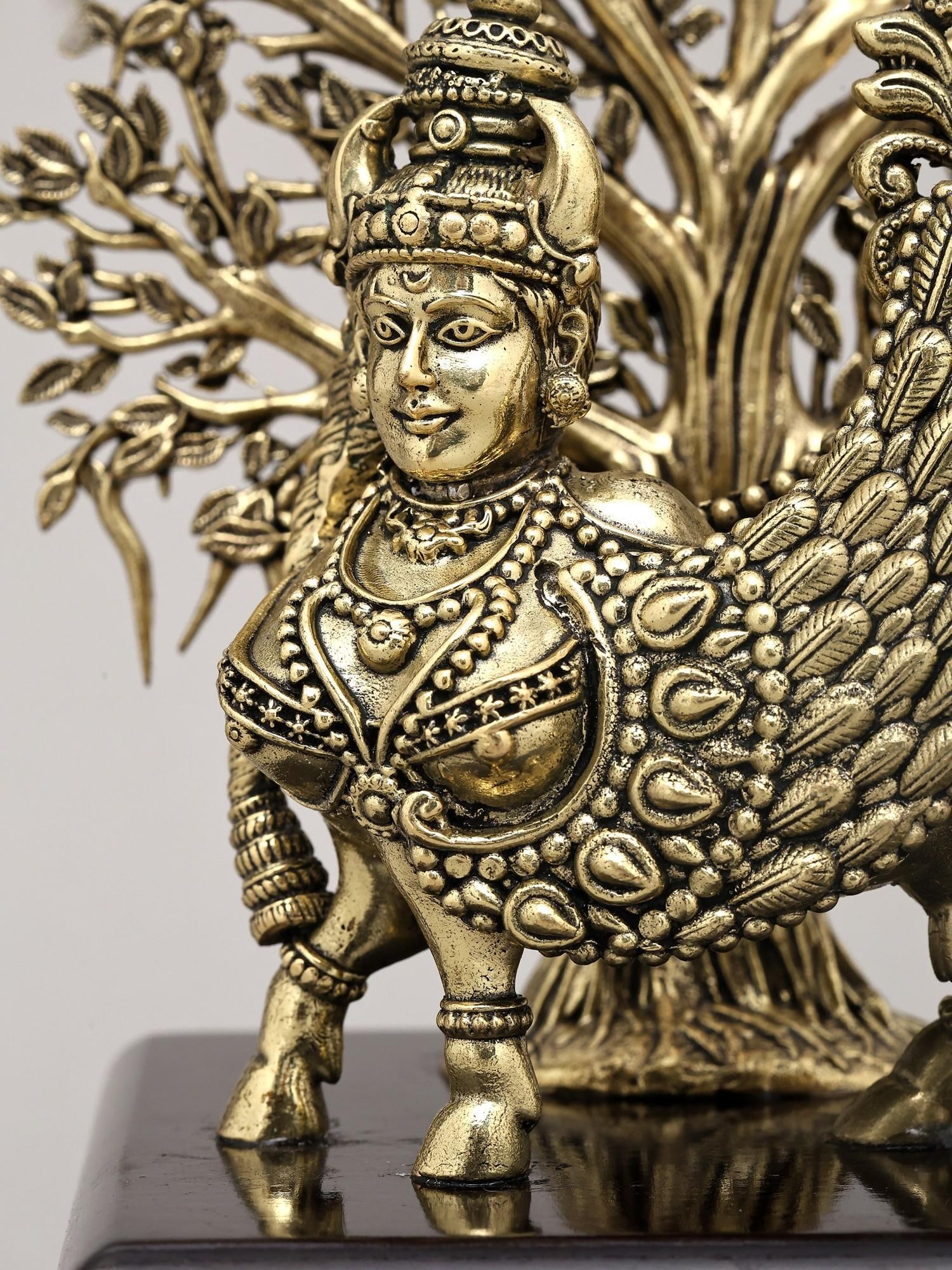 7" Superfine Goddess Kamdhenu Standing with Tree of Life on Wood Base | Brass Statue - 2