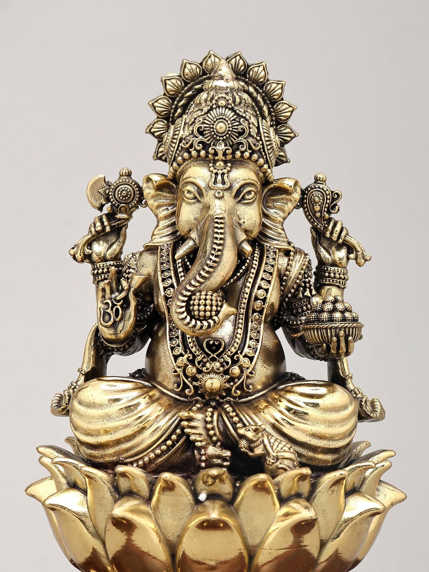 7" Superfine Four Armed Lord Ganesha Seated on Lotus with Wood Base | Brass Idol - 2
