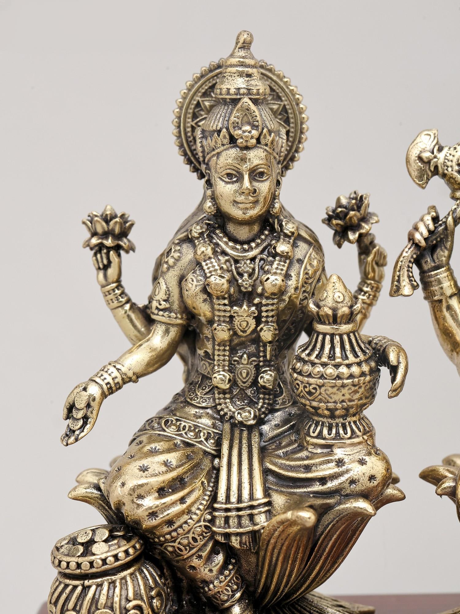 5" Small Superfine Pair of Goddess Lakshmi and Lord Ganesha with Wood Base | Brass Idol - 2