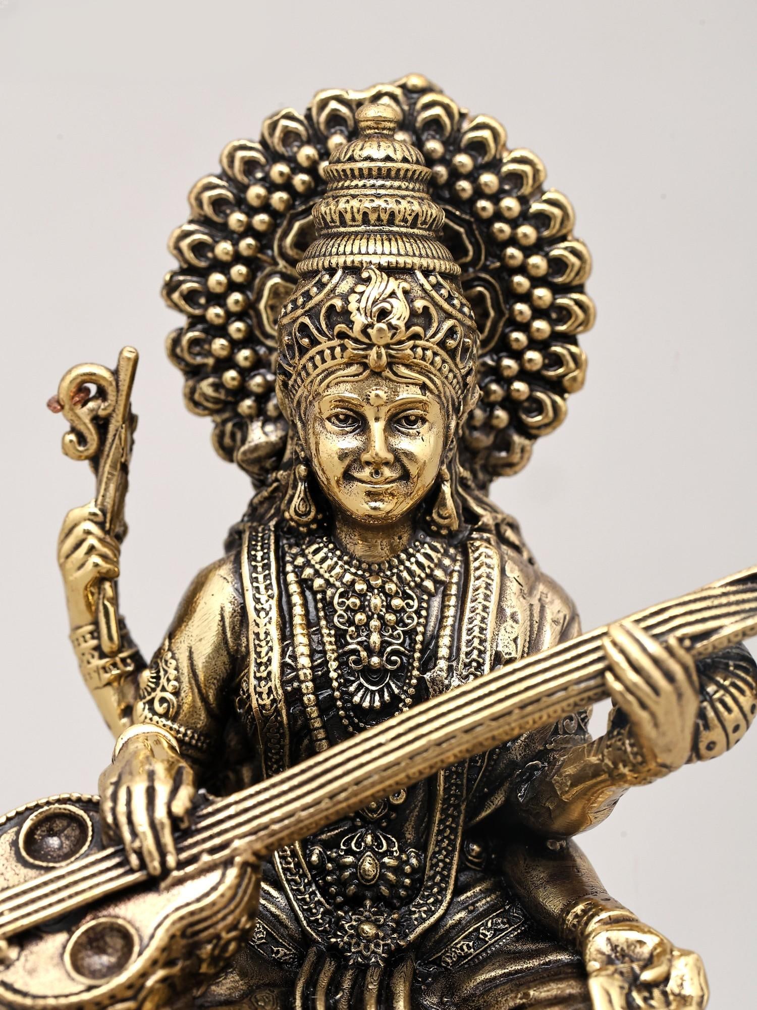 5" Small Superfine Idol of Goddess Saraswati Playing Sitar on Wood Base | Brass Statue - 2