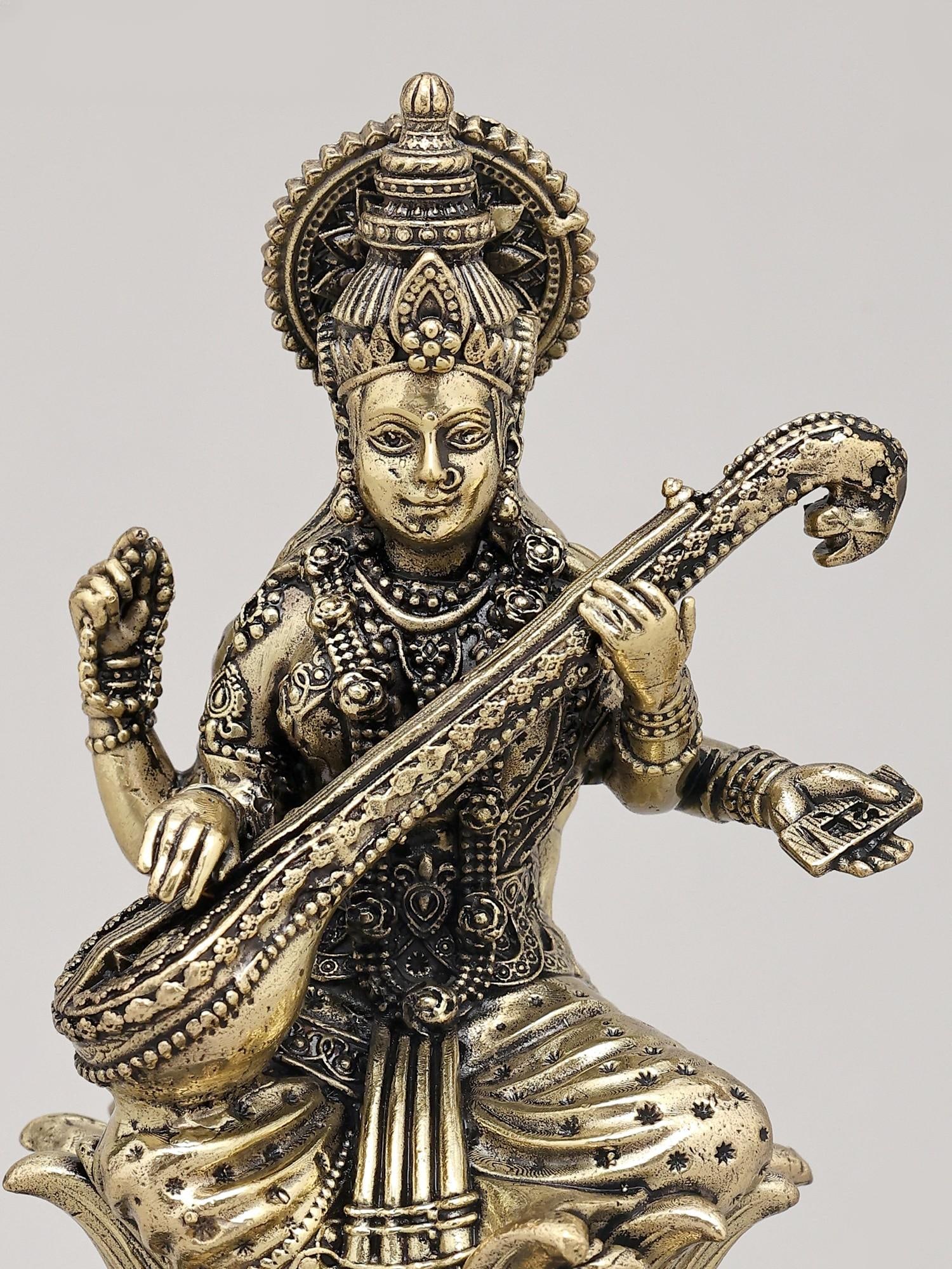 5" Small Superfine Four Armed Goddess Saraswati with Swan on Wood Base | Brass Sculpture - 2