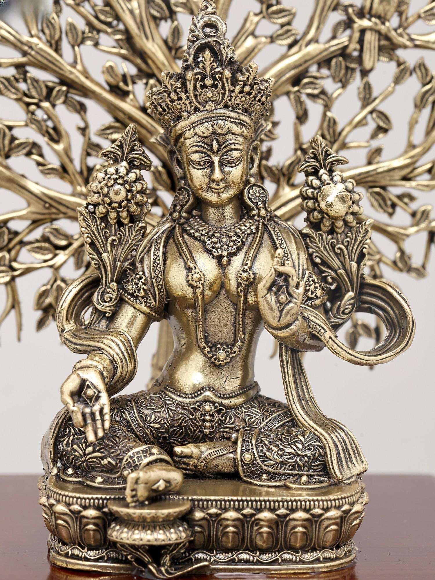 7" Superfine Buddhist Goddess Green Tara Seated with Tree of Life on Wood Base | Brass Statue - 2