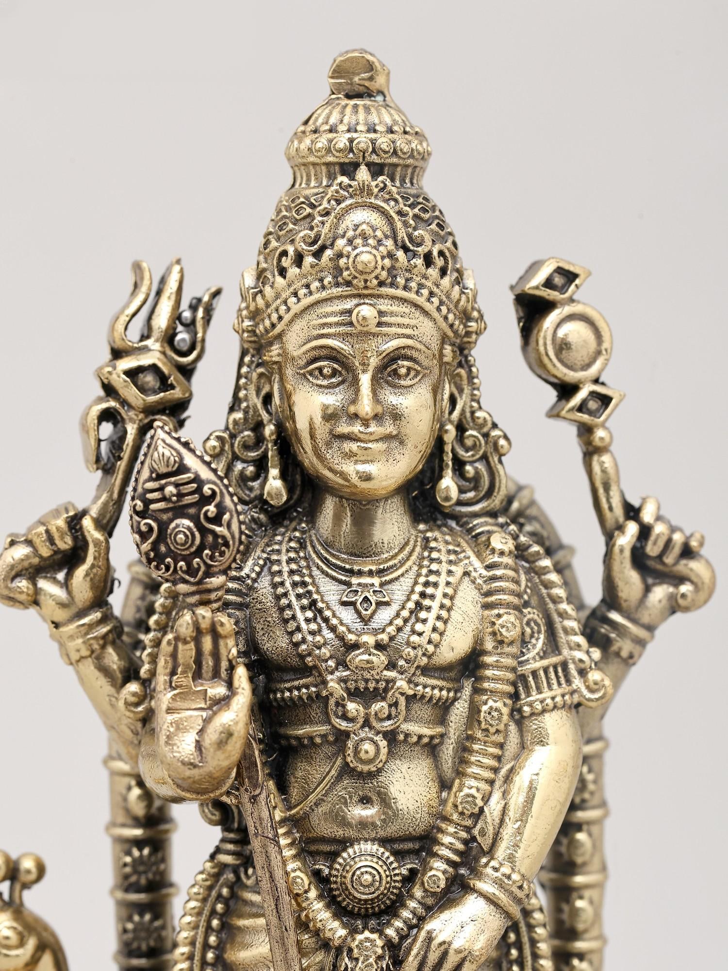 7" Superfine Four Armed Lord Murugan Standing with Vel on Wood Base | Brass Idol - 2