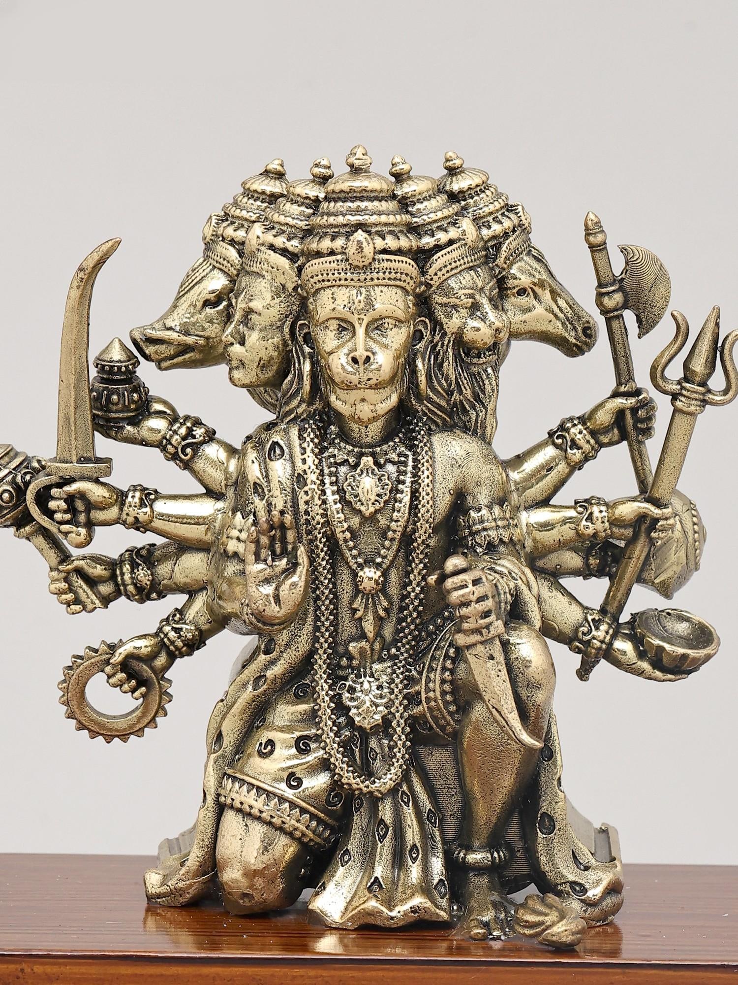 5" Small Superfine Panchamukhi Lord Hanuman in Seated Gesture on Wood Base | Brass Statue - 2