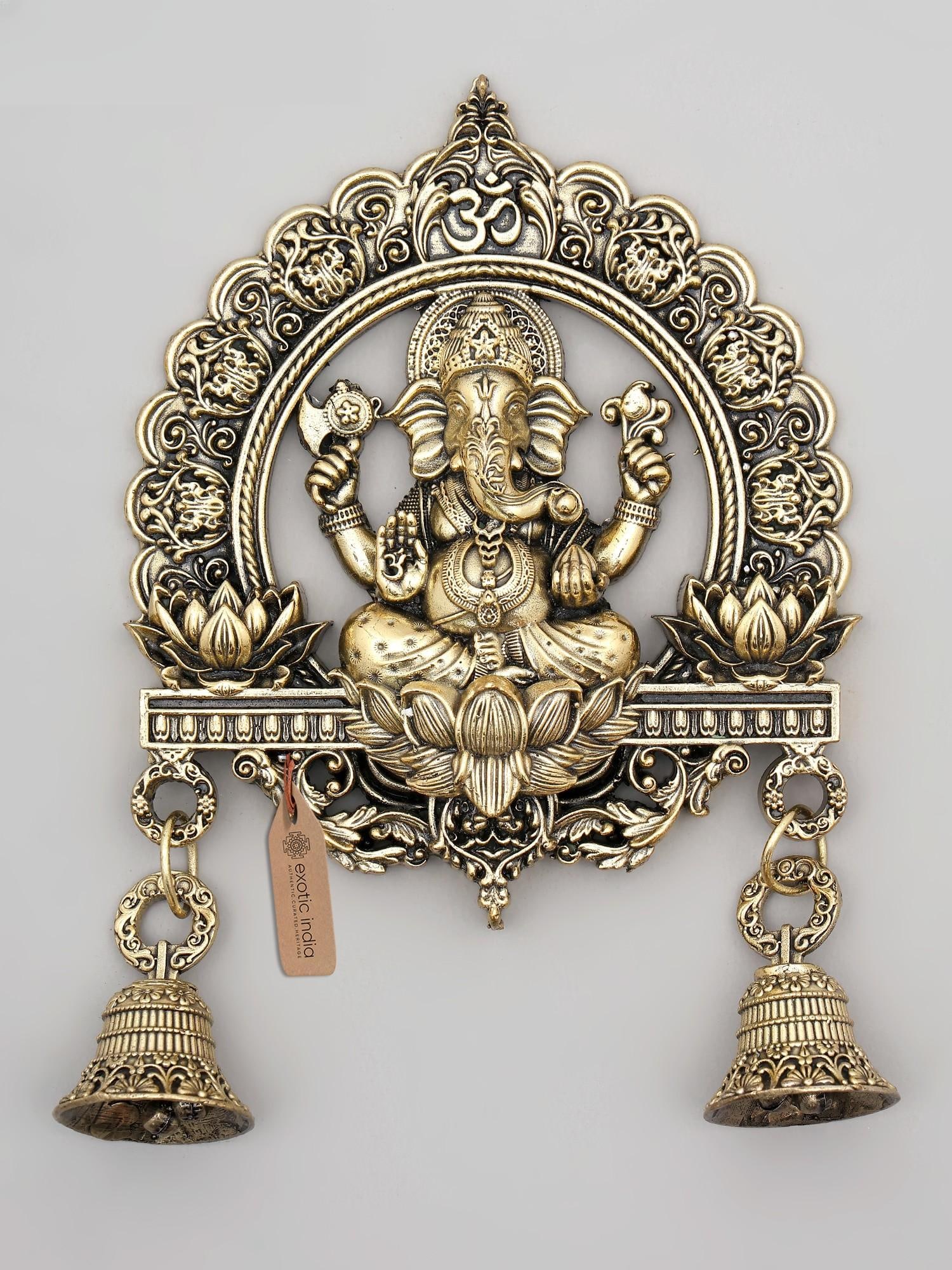 6" Small Superfine Lord Ganesha Wall Hanging Statue with Bells: Invoke Blessings and Prosperity with Lord Ganesha's Divine Presence Embrace the auspicious aura of Lord Ganesha, the remover of obstacles and the bestower of wisdom, with this exquisite brass wall han