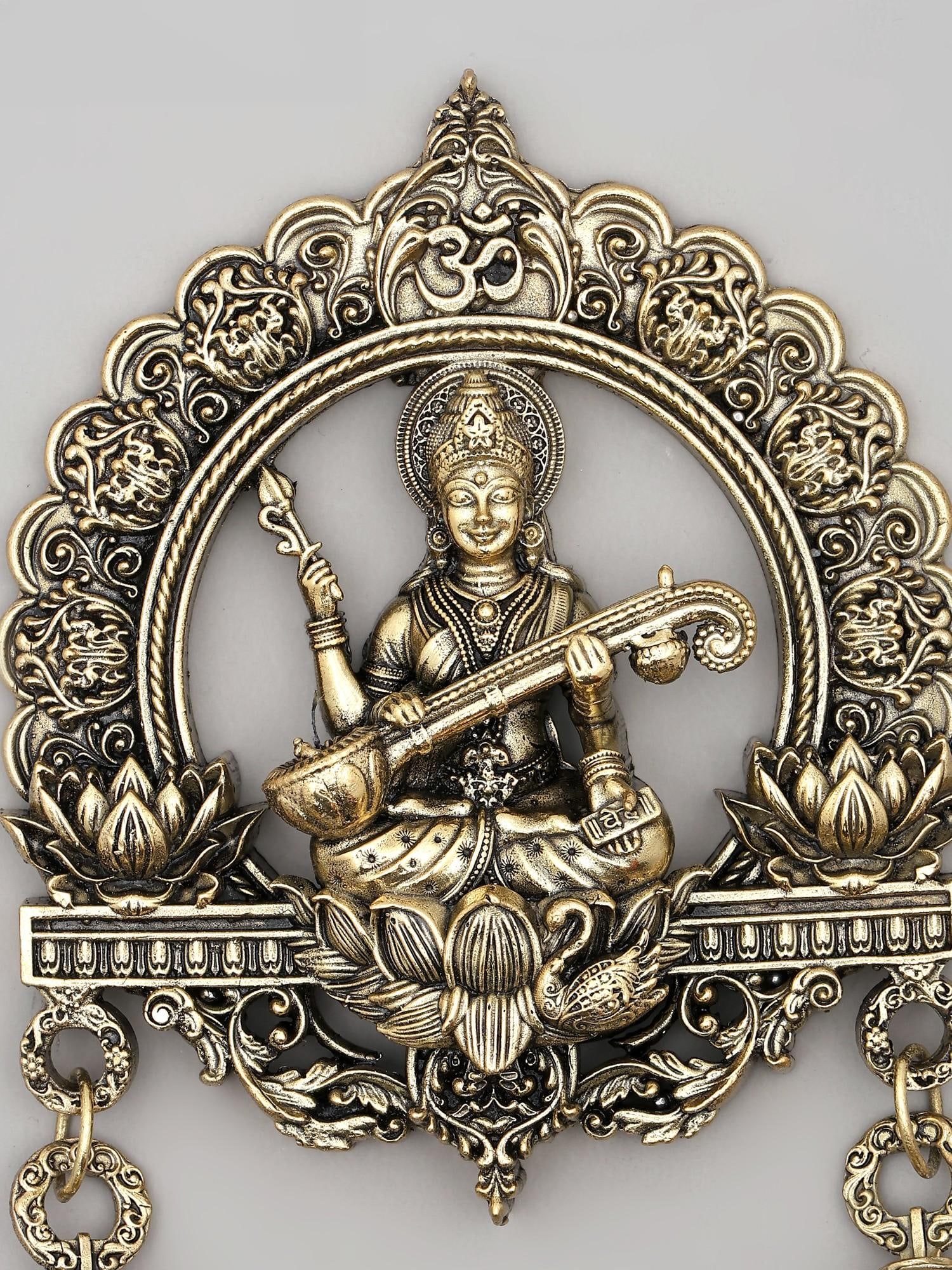 6" Small Superfine Goddess Saraswati Wall Hanging Statue with Bells - 2