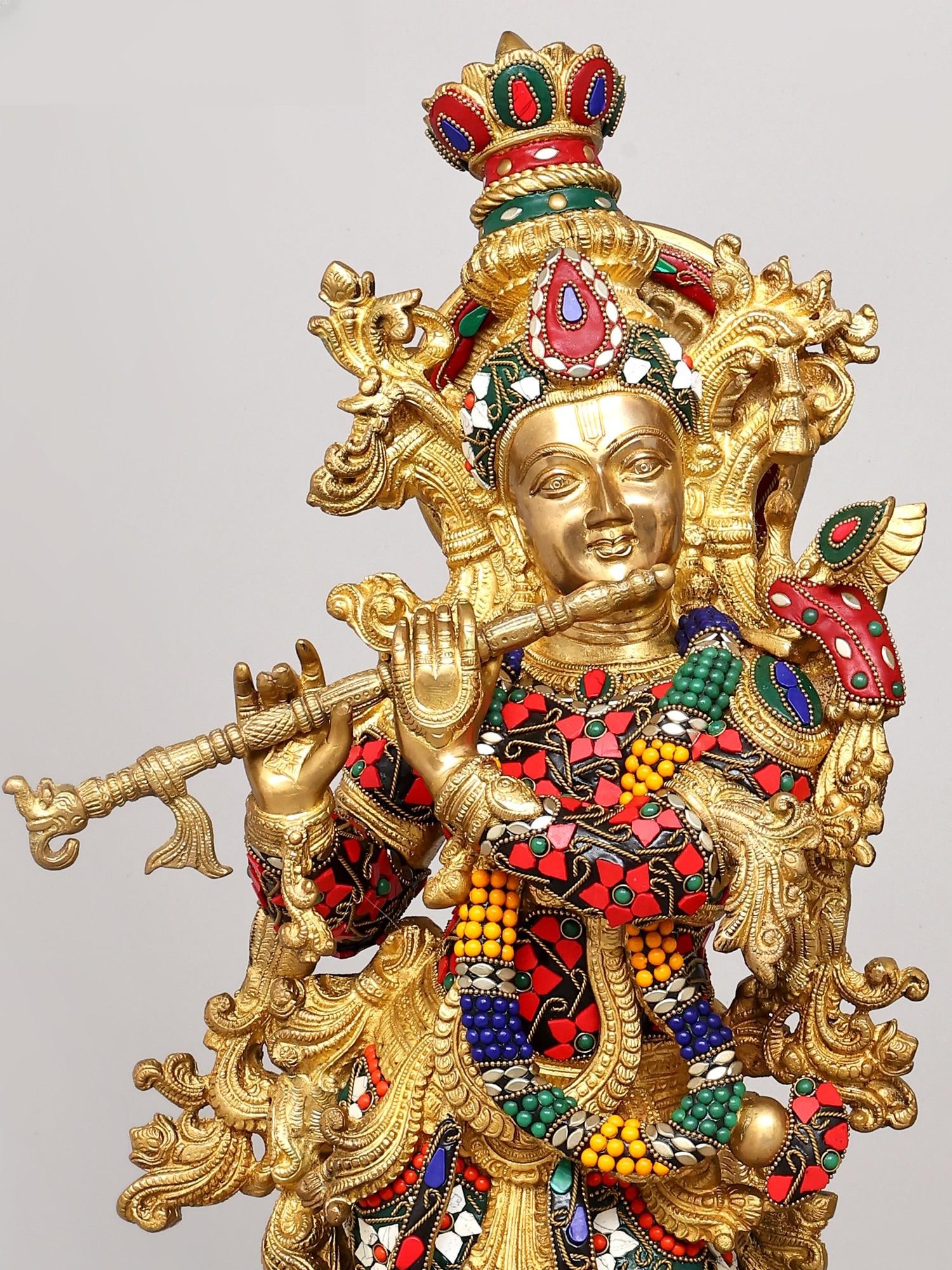 29" Radha and Krishna Standing on Lotus | Brass Statue | Handmade | Made in India - 2