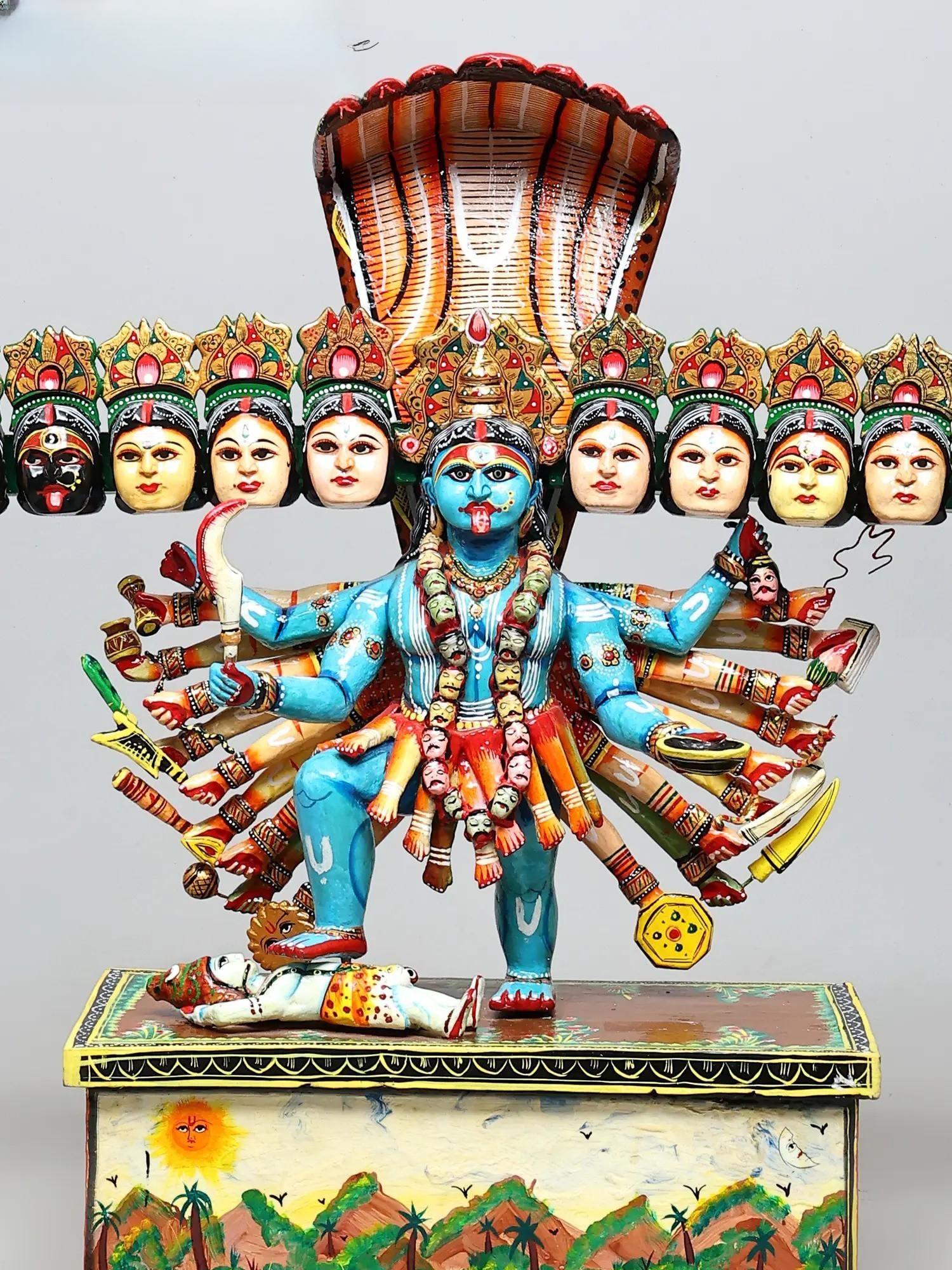 50" Vishwaroop Mahakali – The Universal Manifestation of Shakti | Handpaintied Wood Statue - 2