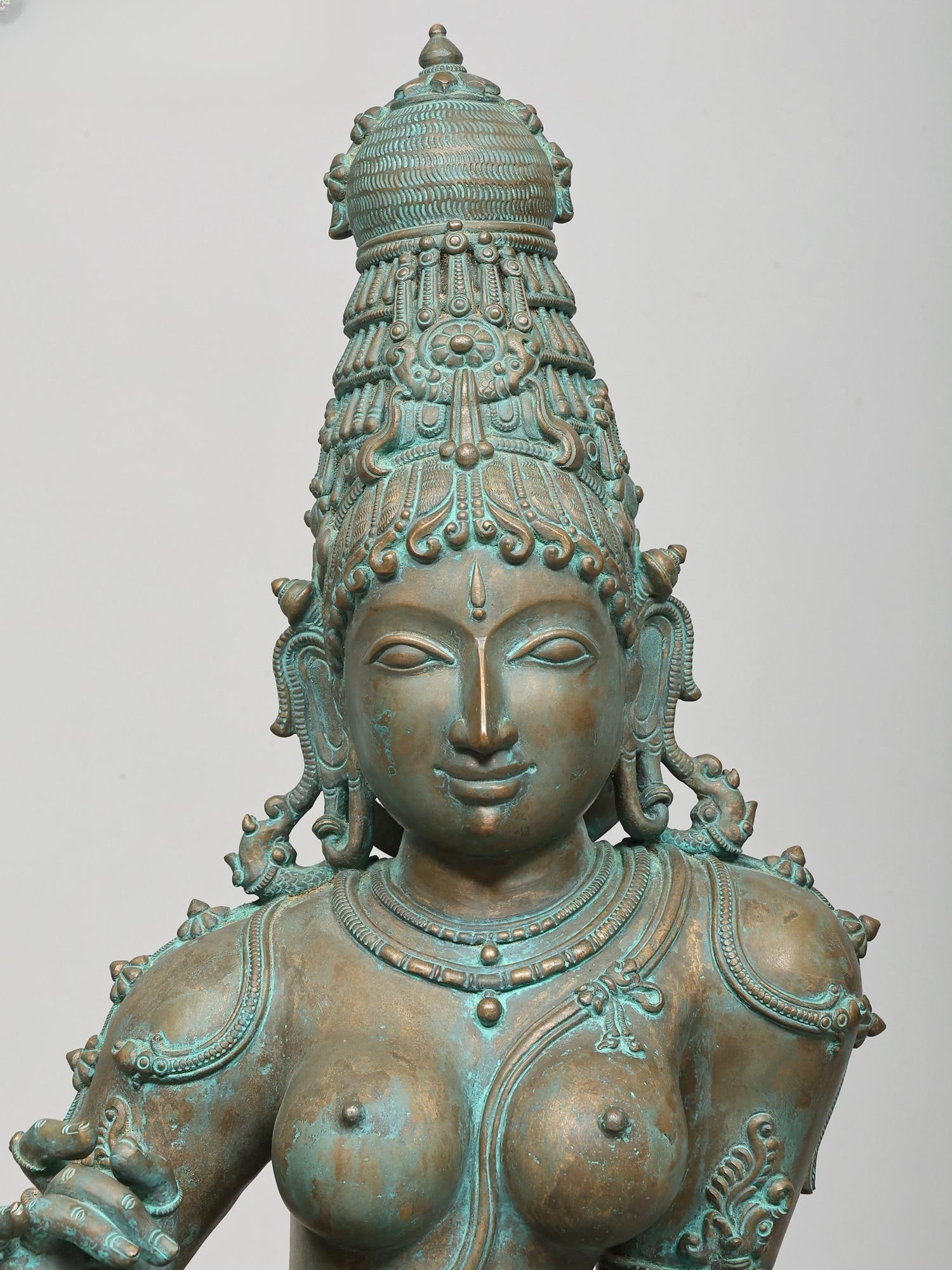 32" Large Superfine Goddess Uma (Parvati) Seated on Lotus Pedestal | Bronze Statue - 2