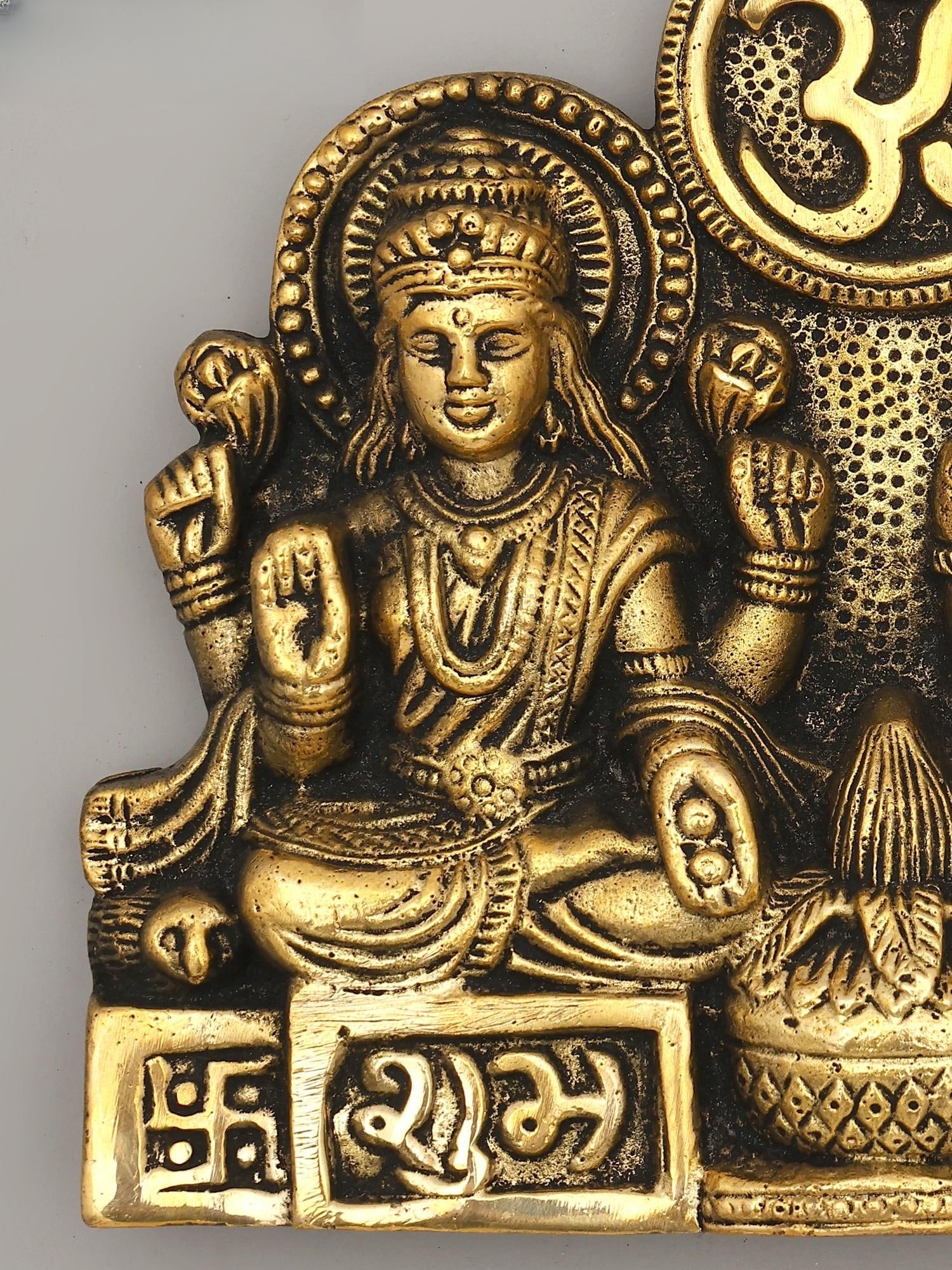 7" Goddess Lakshmi and Lord Ganesha with Om and Shubh Labh | Brass Wall Hanging - 2