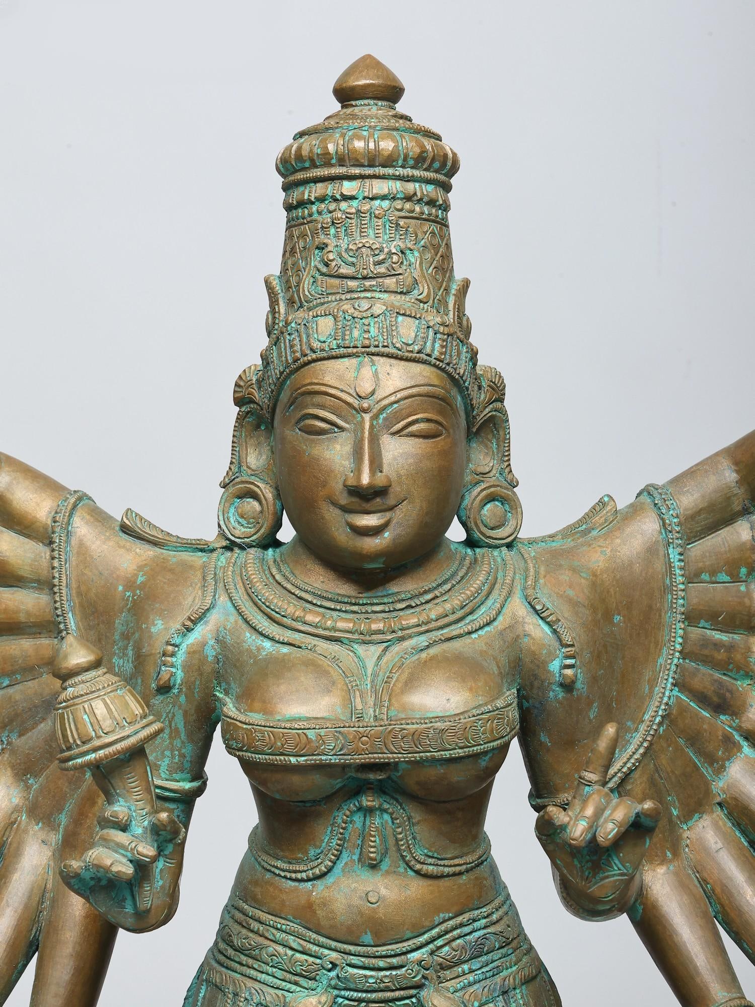 25" Eighteen Armed Goddess Durga Standing on Lotus Pedestal | Bronze Statue - 2