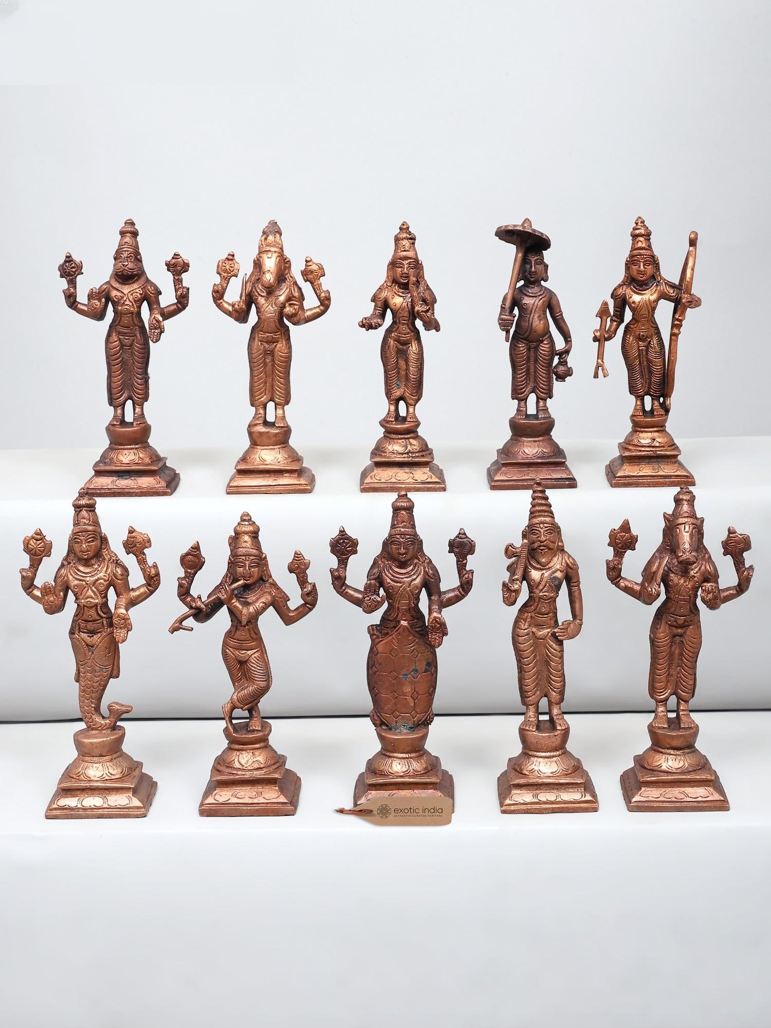 6" Ten Incarnations of Vishnu - Dashavatara | Copper Statue | Made in India: Embodiments of Divine Grace: The Dashavatara Copper Collection Invite the cosmic order and divine protection into your space with this exquisite collection representing the ten principal incarnations 