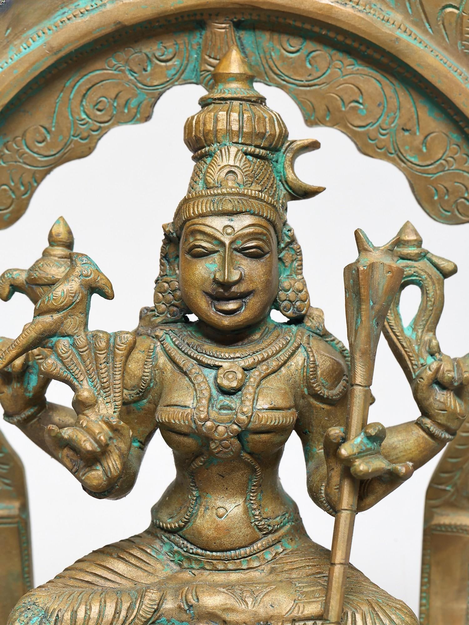 10" Four Armed Goddess Rajarajeshwari Seated on Kirtimukha Throne | Bronze Sculpture | Made in India - 2