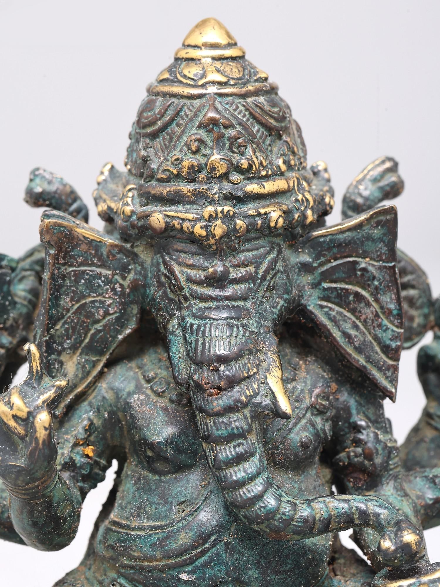 5" Small Three Headed Six Armed Lord Ganesha | Brass Statue - 2
