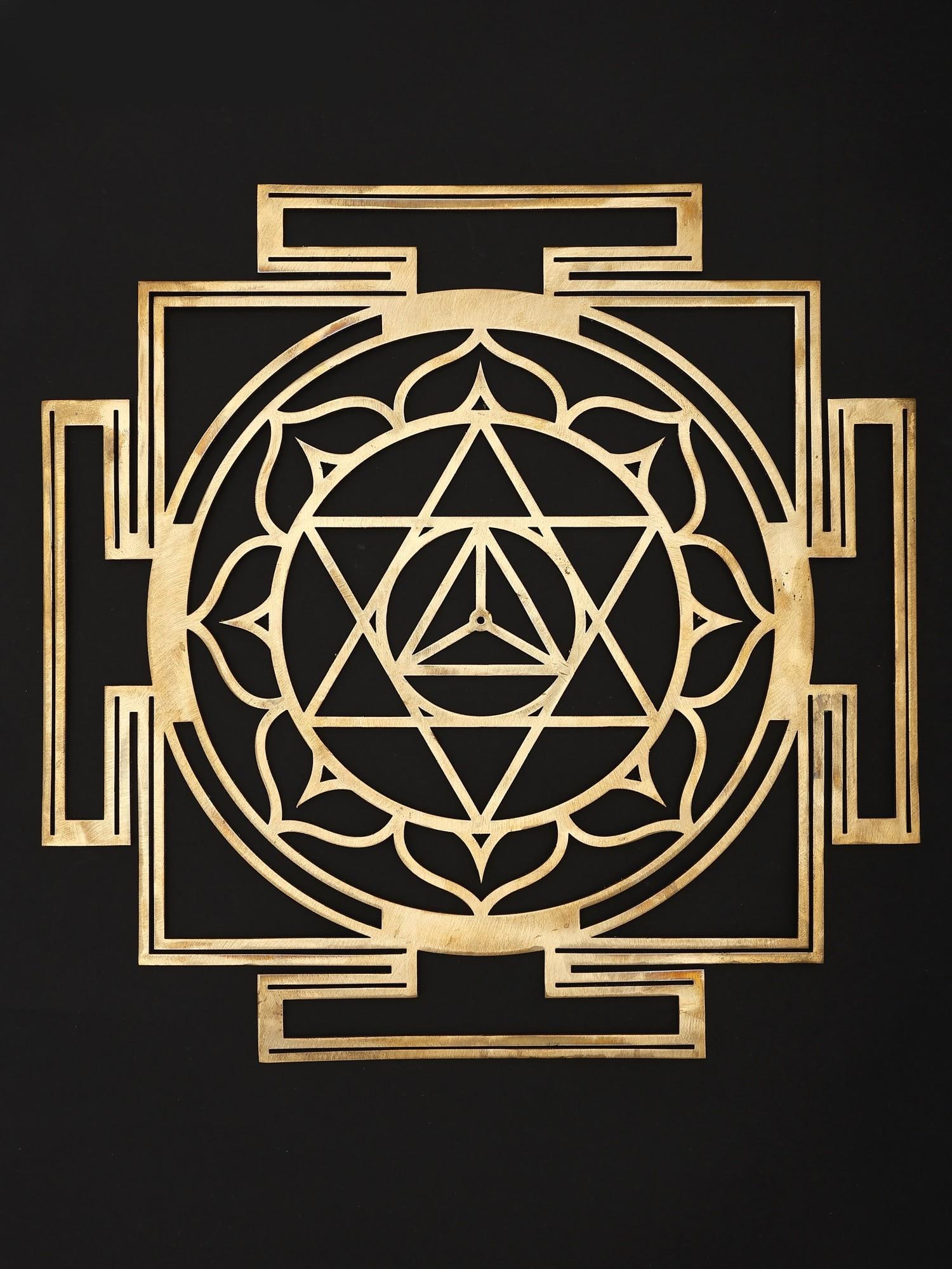 15" Bhuvaneshwari Yantra in brass for Success, Abundance and Inner Peace | Brass Yantra | Wall: Unlock Divine Potential and Cosmic Harmony This exquisite brass Yantra, measuring a substantial 15 inches, is a powerful conduit for invoking the blessings of Goddess Bhuvaneshwari, the divine mother 